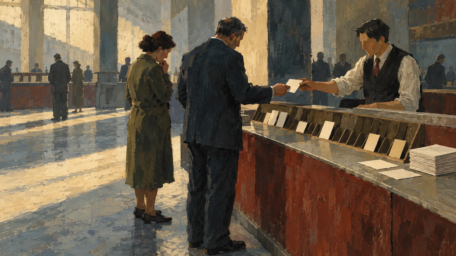 A painted scene of a clerk handing a slip of paper to a man across a counter, with a woman beside him and other people in a sunlit hall. SI illustration