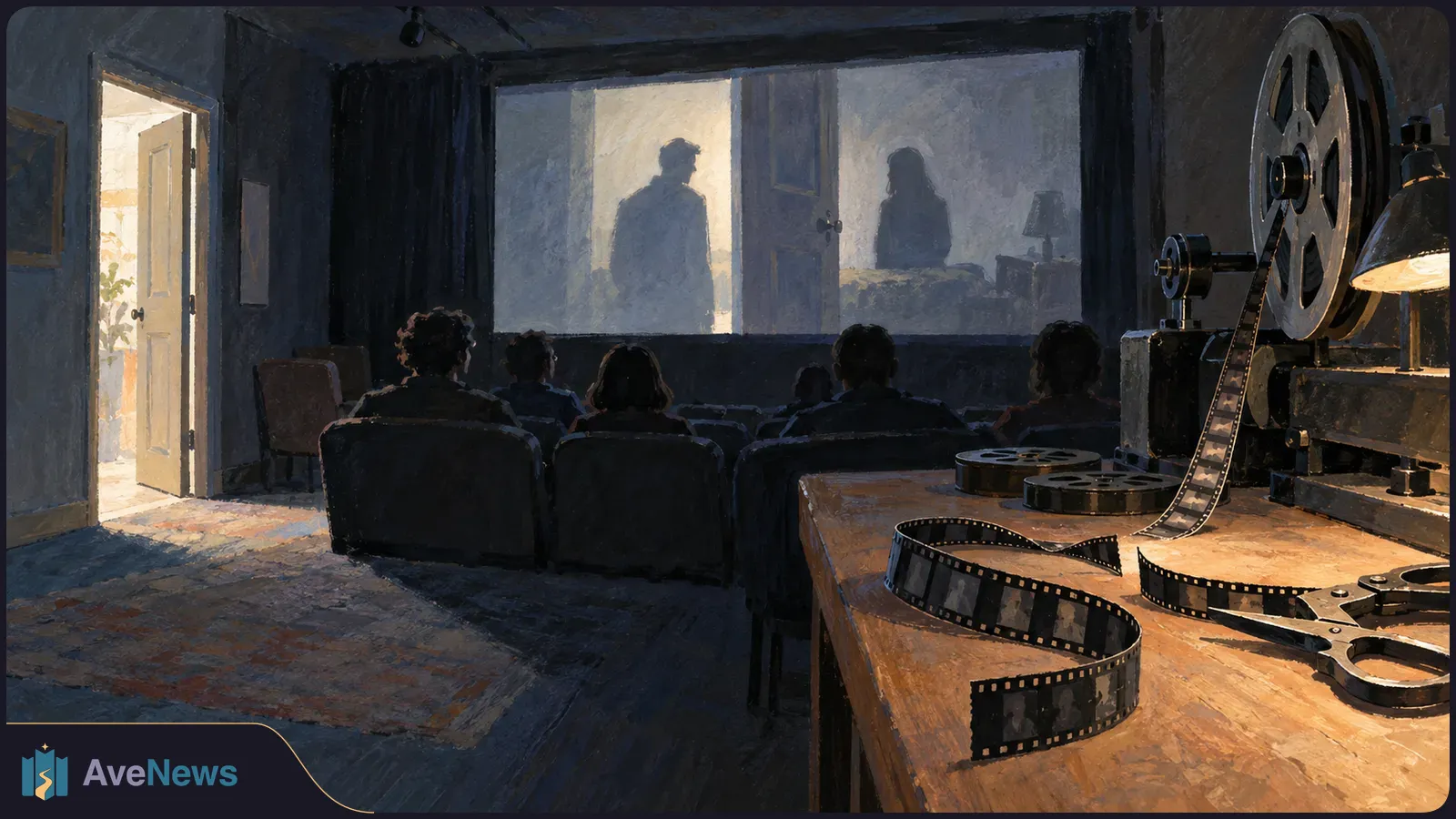 Painted scene of viewers watching two shadowy figures on a cinema screen, with a film projector, loose filmstrip and scissors in the foreground. SI illustration