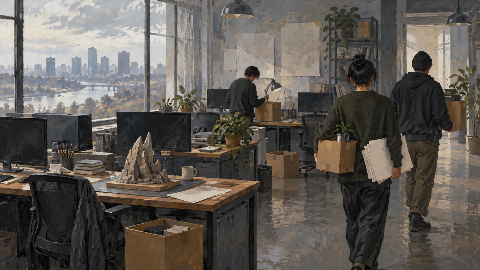 A painted office scene shows three people with boxes among desks and computers. One carries a plant and papers; a city skyline and river appear through the windows. SI illustration