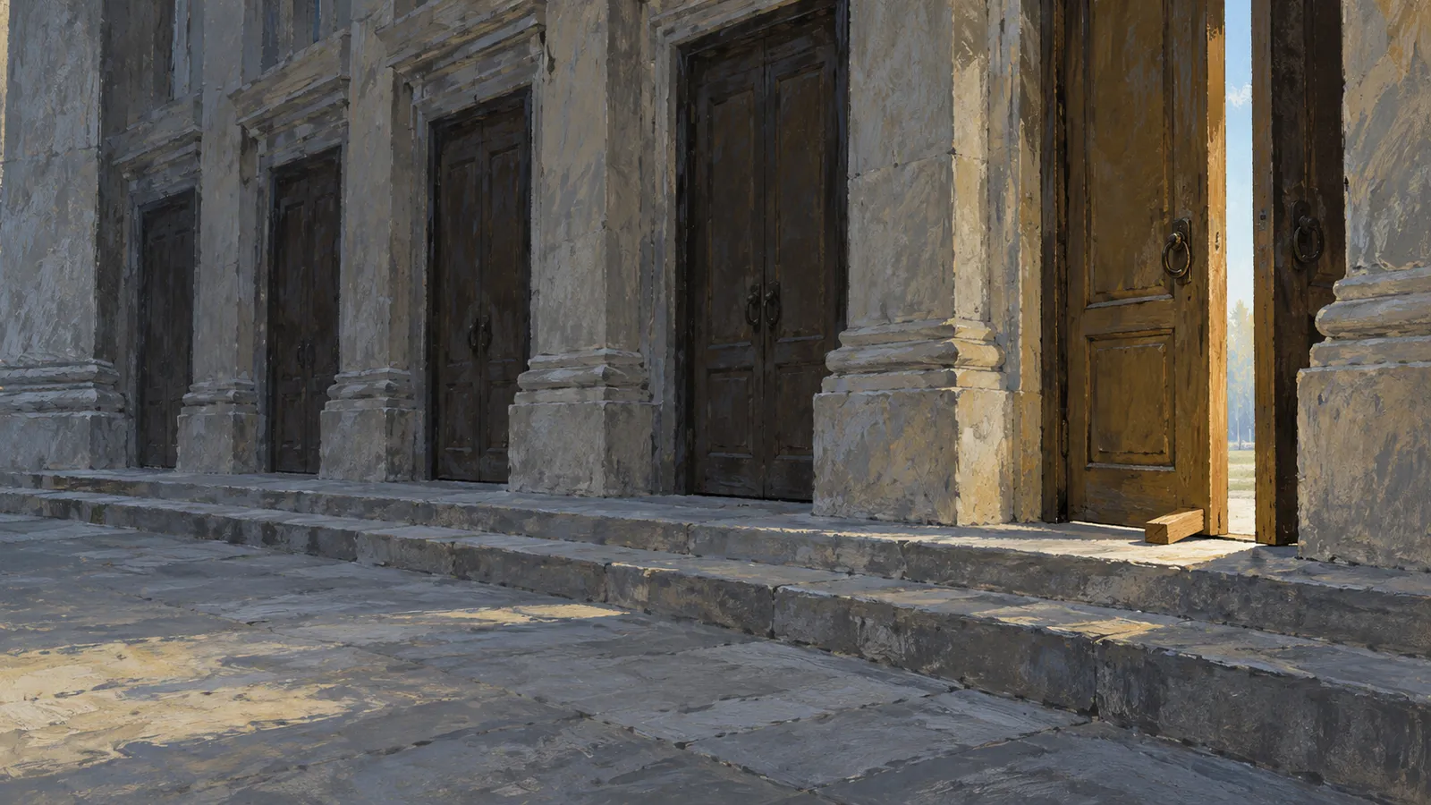 A painted row of dark wooden doors between stone columns; the door at the right stands partly open, letting in sunlight. SI illustration