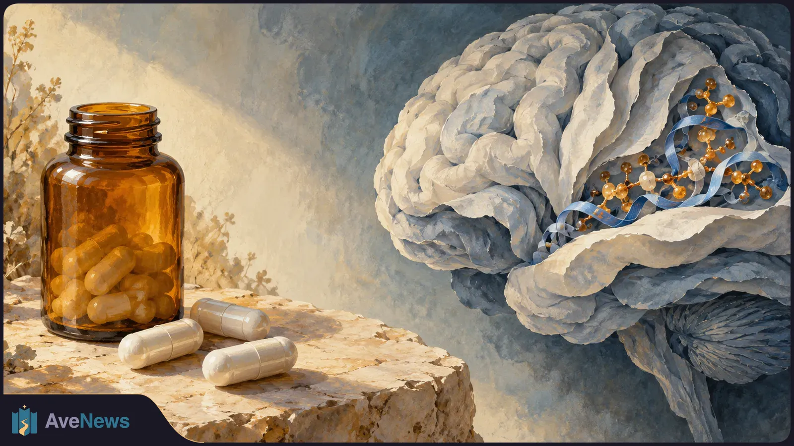 An amber bottle filled with capsules and three loose capsules sit beside a sculpted gray brain with blue ribbons and gold molecular shapes inside. SI illustration