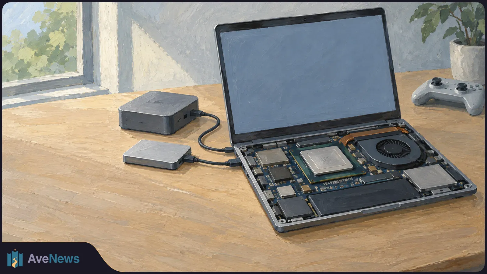 Painted illustration of an open laptop with its circuitry exposed and a blank screen, connected to two small devices on a desk; a game controller sits nearby. SI illustration