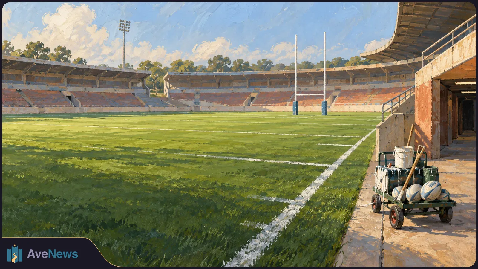 Painted view of an empty rugby stadium with goalposts and a marked green field. A cart holding rugby balls and buckets stands beside a tunnel. SI illustration