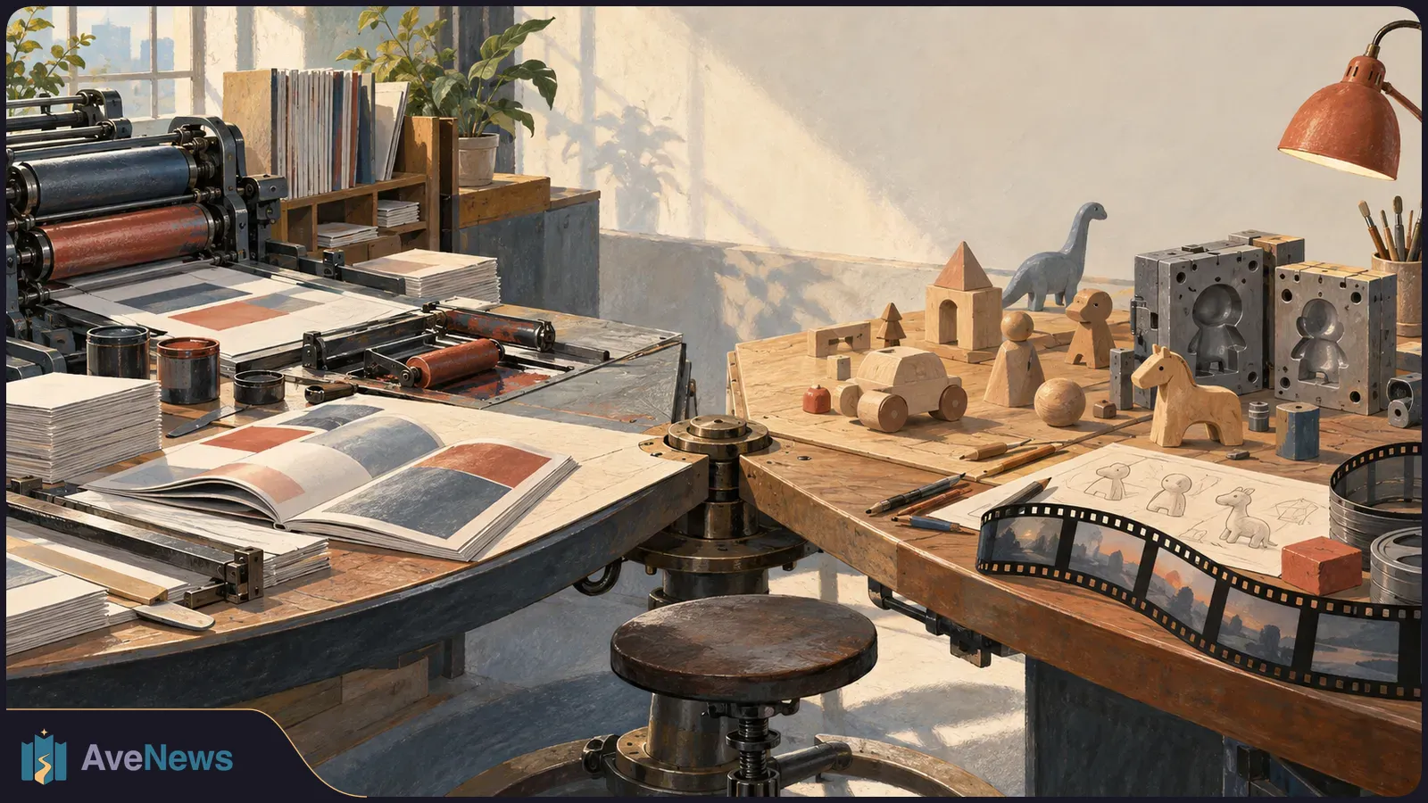 Sunlit studio with a printing press and color proofs on one table, wooden toy prototypes and molds on another, and a filmstrip across the foreground. SI illustration