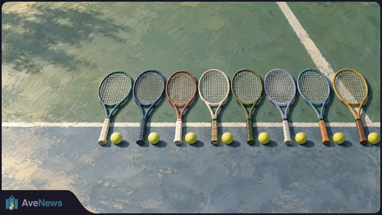 Eight colorful tennis rackets and eight yellow balls are lined up on a painted court beside a white line. SI illustration