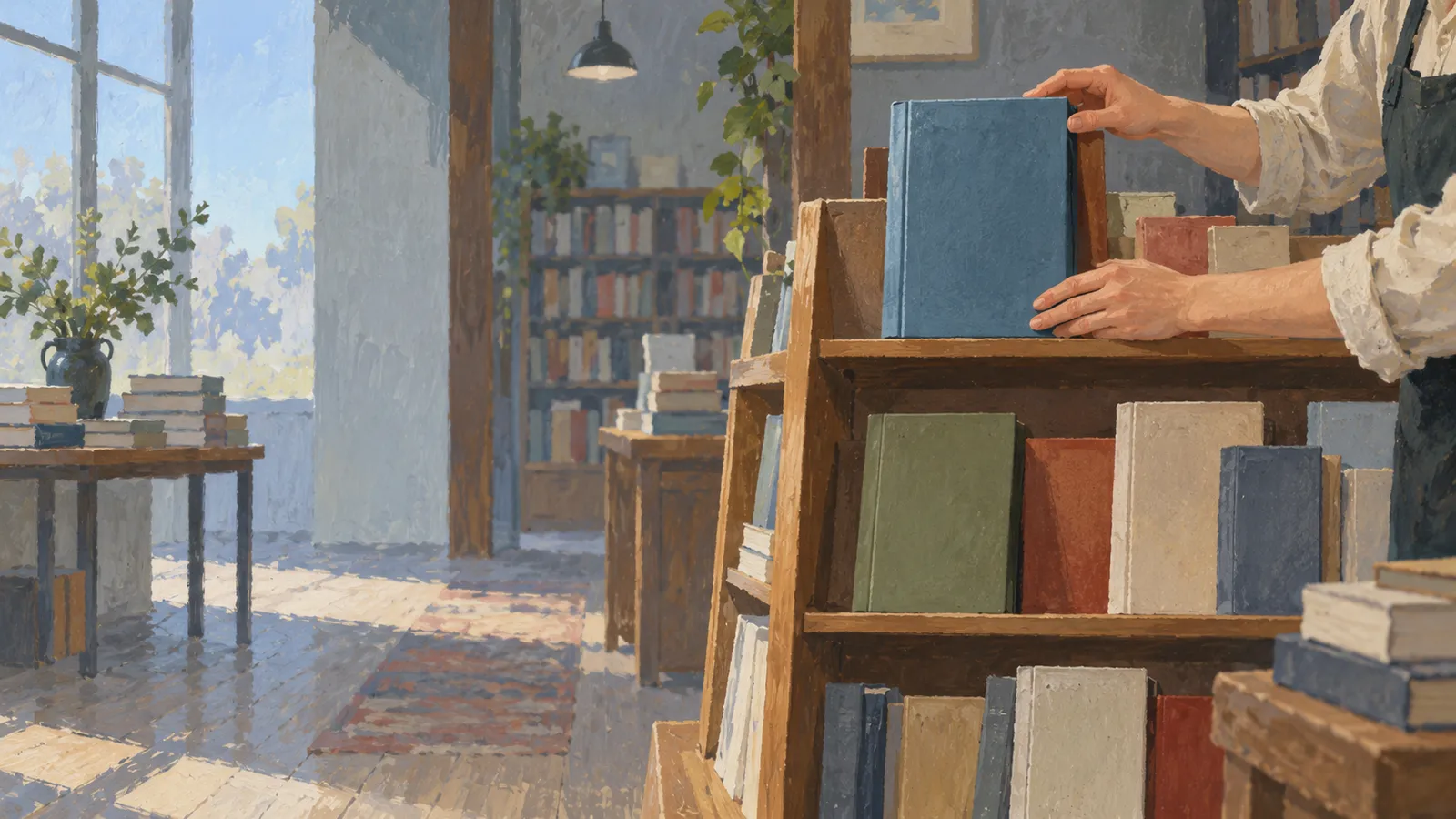 A painted scene of a person placing a blue book on a wooden display in a sunlit bookshop, surrounded by shelves and stacks of books. SI illustration
