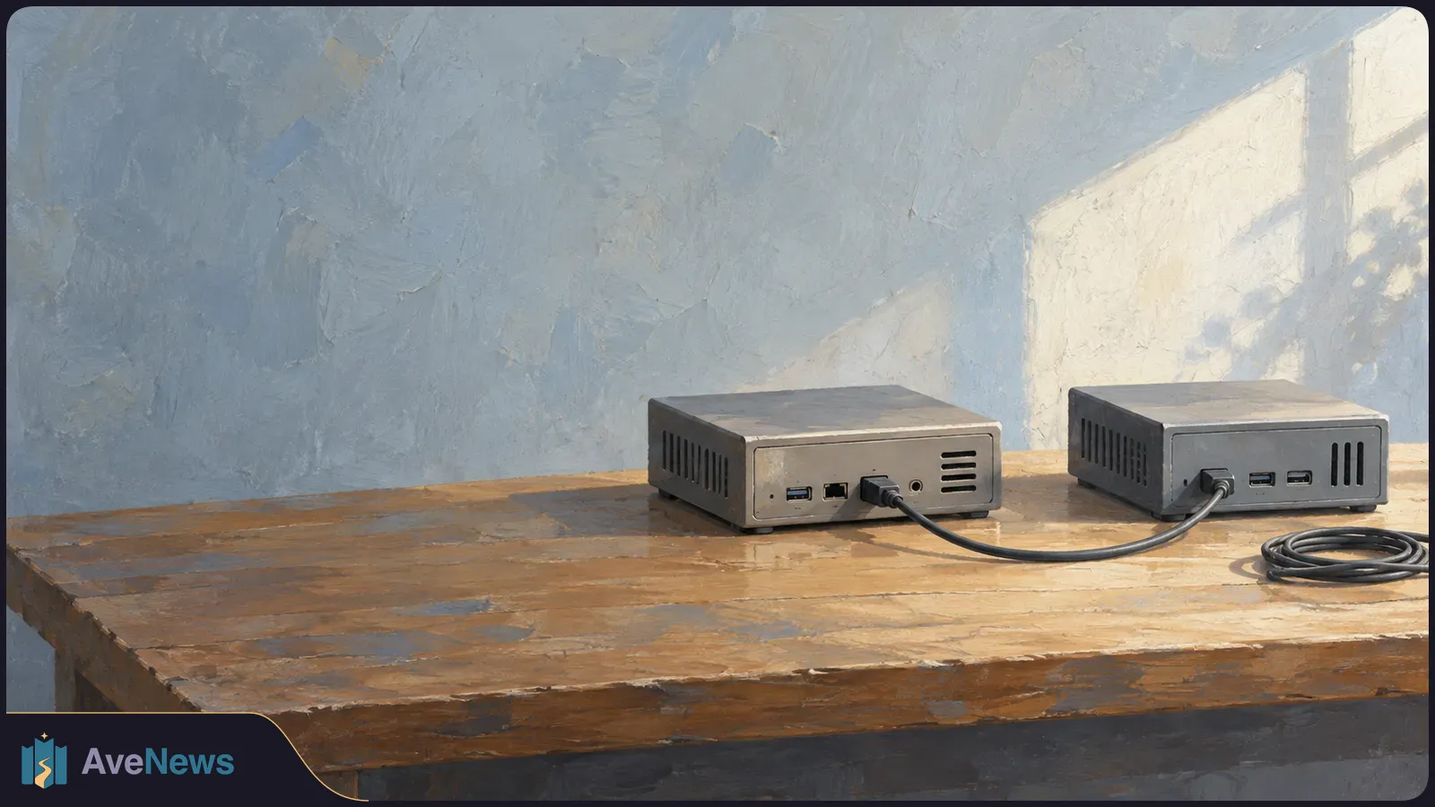 Painterly illustration of two compact gray computers connected by a cable on a wooden table, with a coiled cable beside them. SI illustration