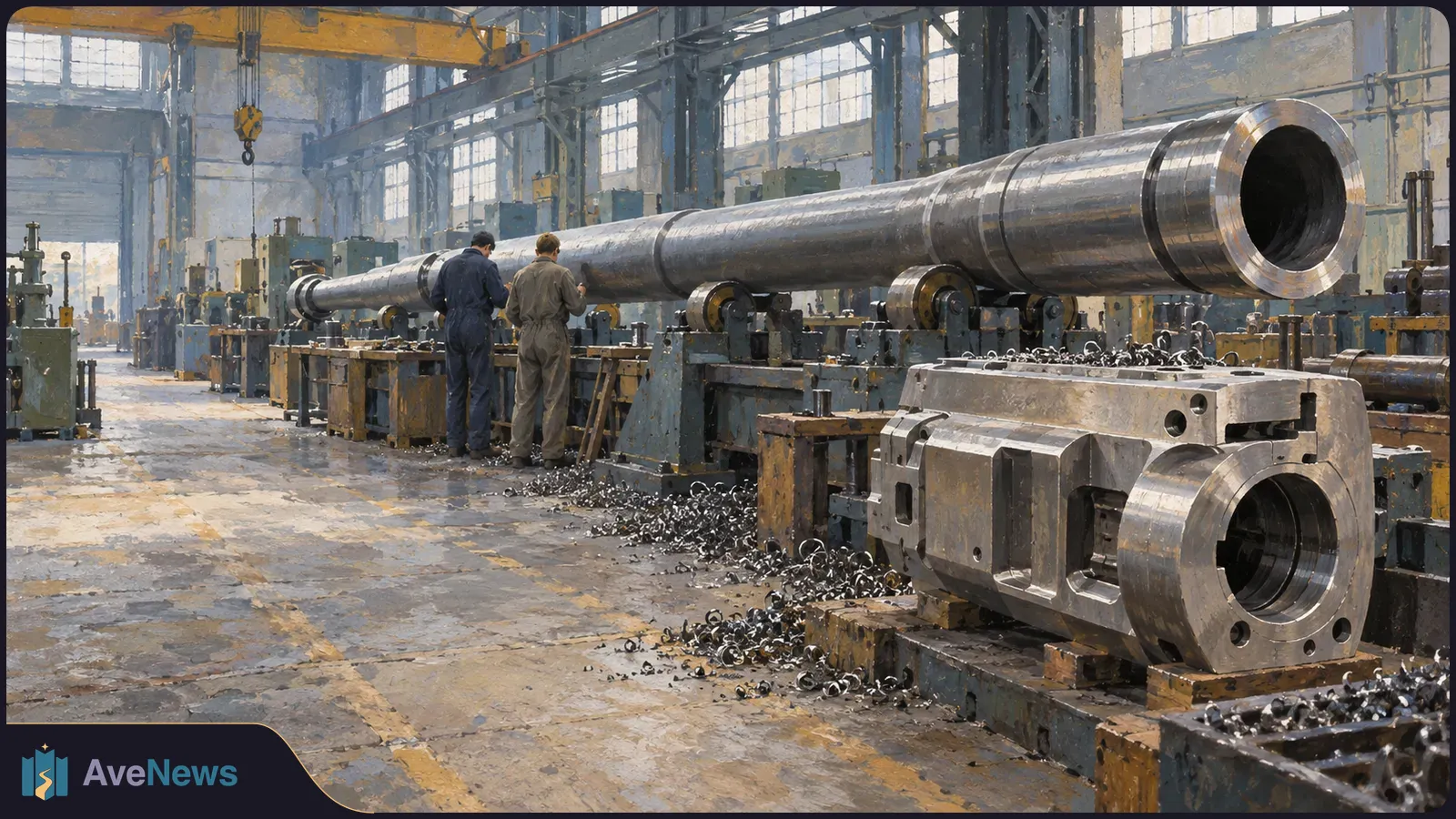 Illustration of two workers beside a large metal barrel on rollers in a factory hall, with a machined metal part and curled shavings in the foreground. SI illustration