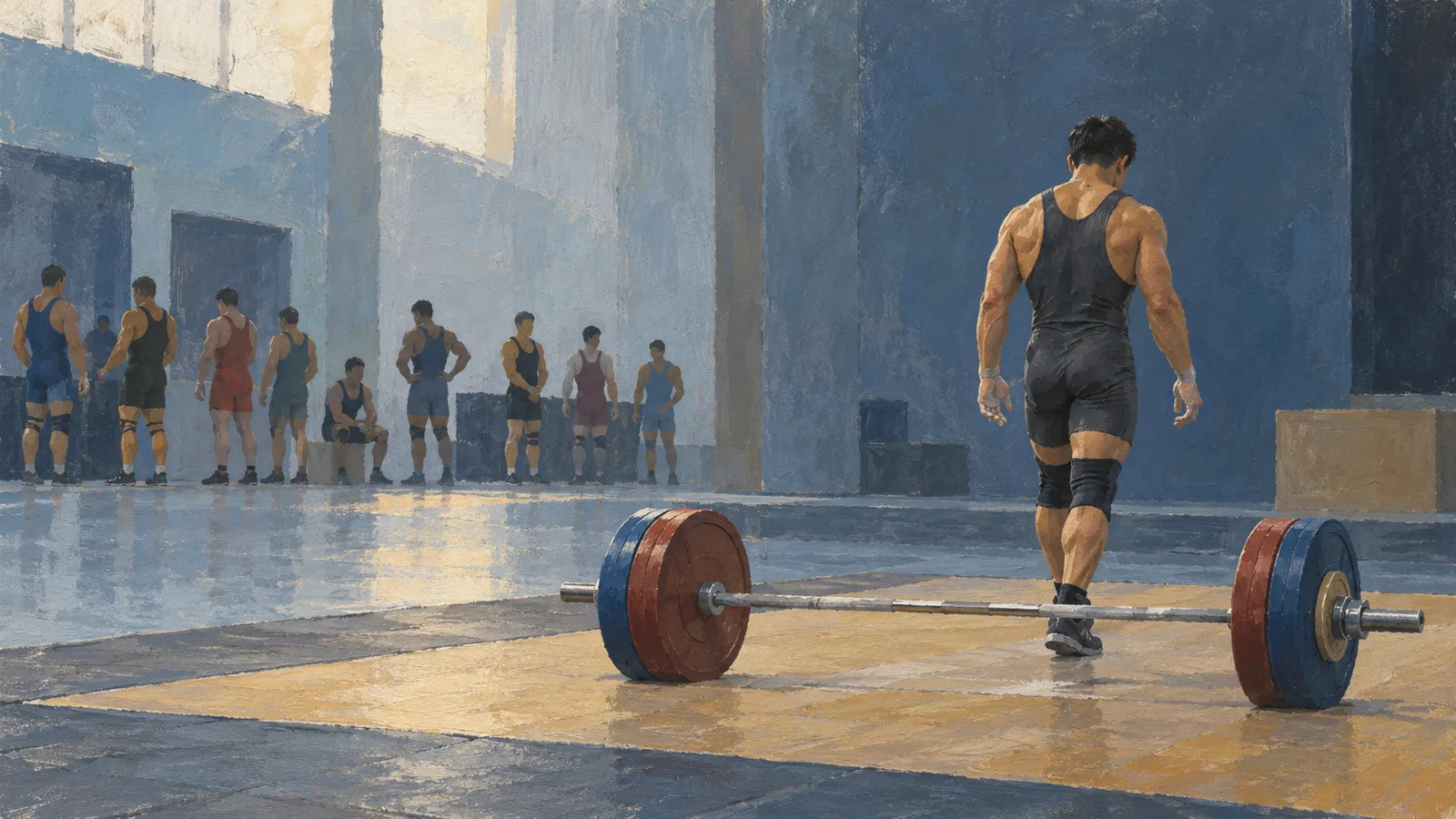 Illustration of a weightlifter walking away from a loaded barbell on a platform, with other lifters gathered along the wall of a blue gym. SI illustration