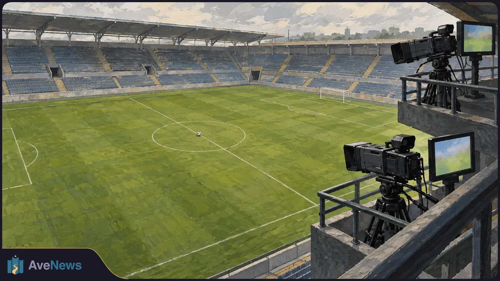 Painted view of an empty football stadium, with a ball near midfield and two broadcast cameras overlooking the pitch. SI illustration