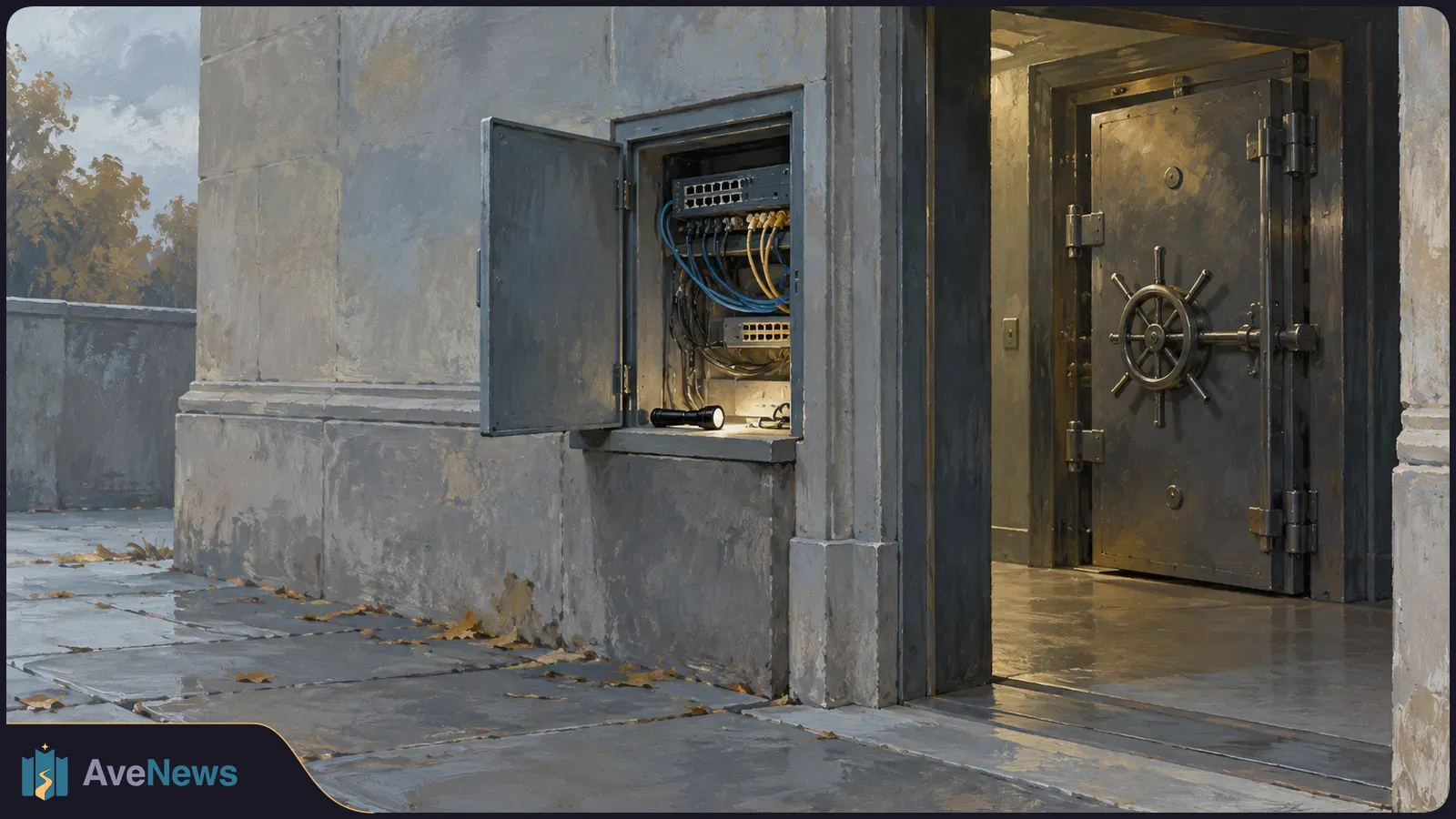 An open network cabinet with cables is set into a stone exterior wall beside an entrance leading to a heavy vault door. SI illustration