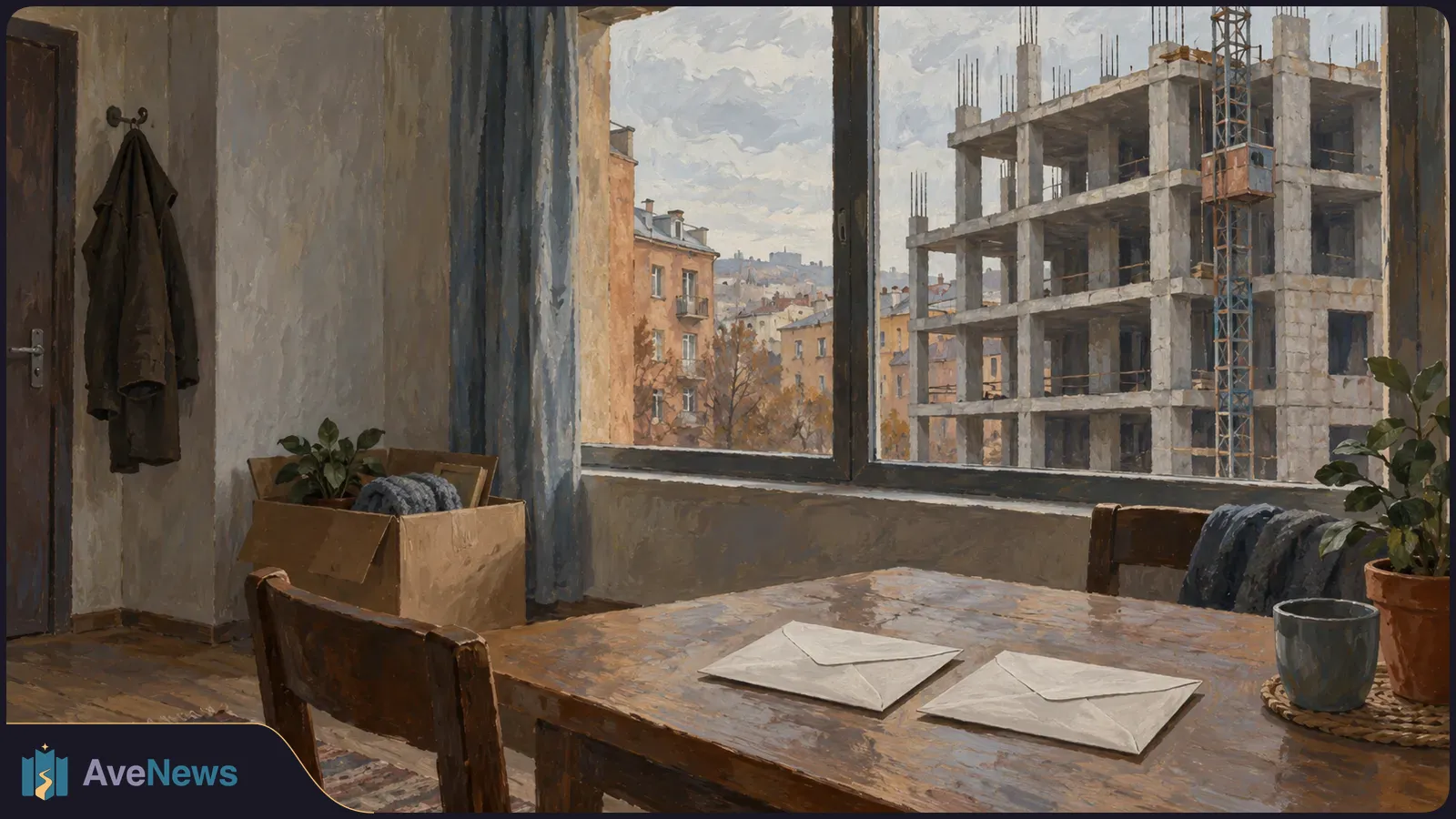 In a sparse room, two sealed envelopes lie on a wooden table near a partly filled cardboard box. An unfinished concrete apartment building and crane are visible through the window. SI illustration