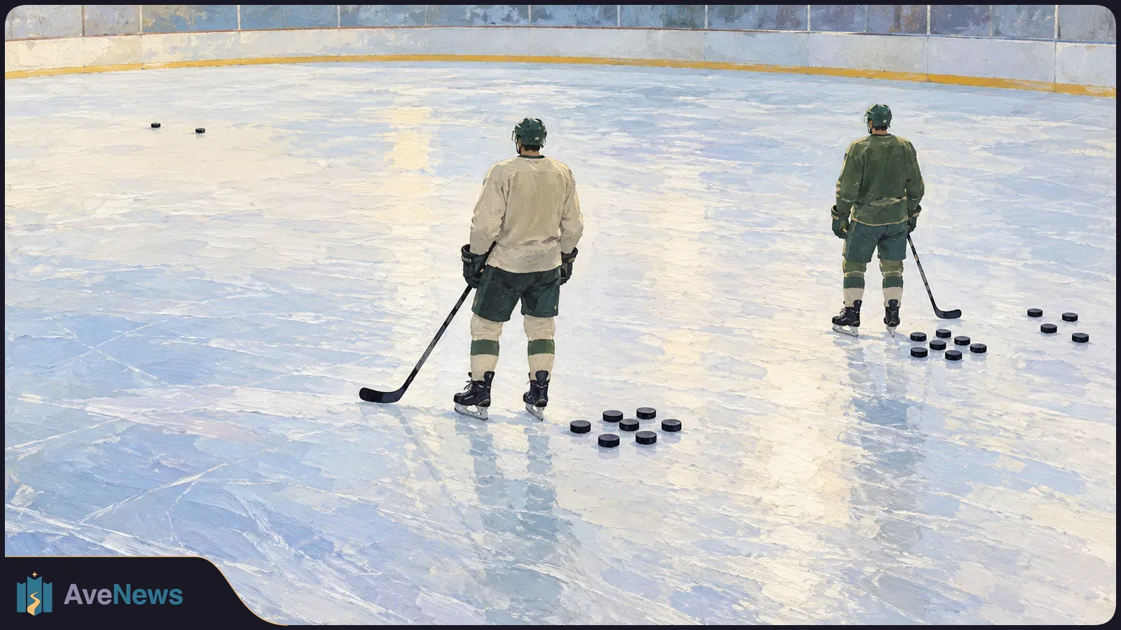Painterly view of two hockey players seen from behind on an ice rink, holding sticks beside several clusters of pucks. SI illustration