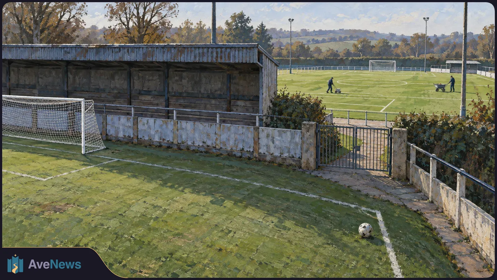 Painted view of a football pitch with a goal and ball in the foreground, a covered stand and gate, and two distant people on the field. SI illustration