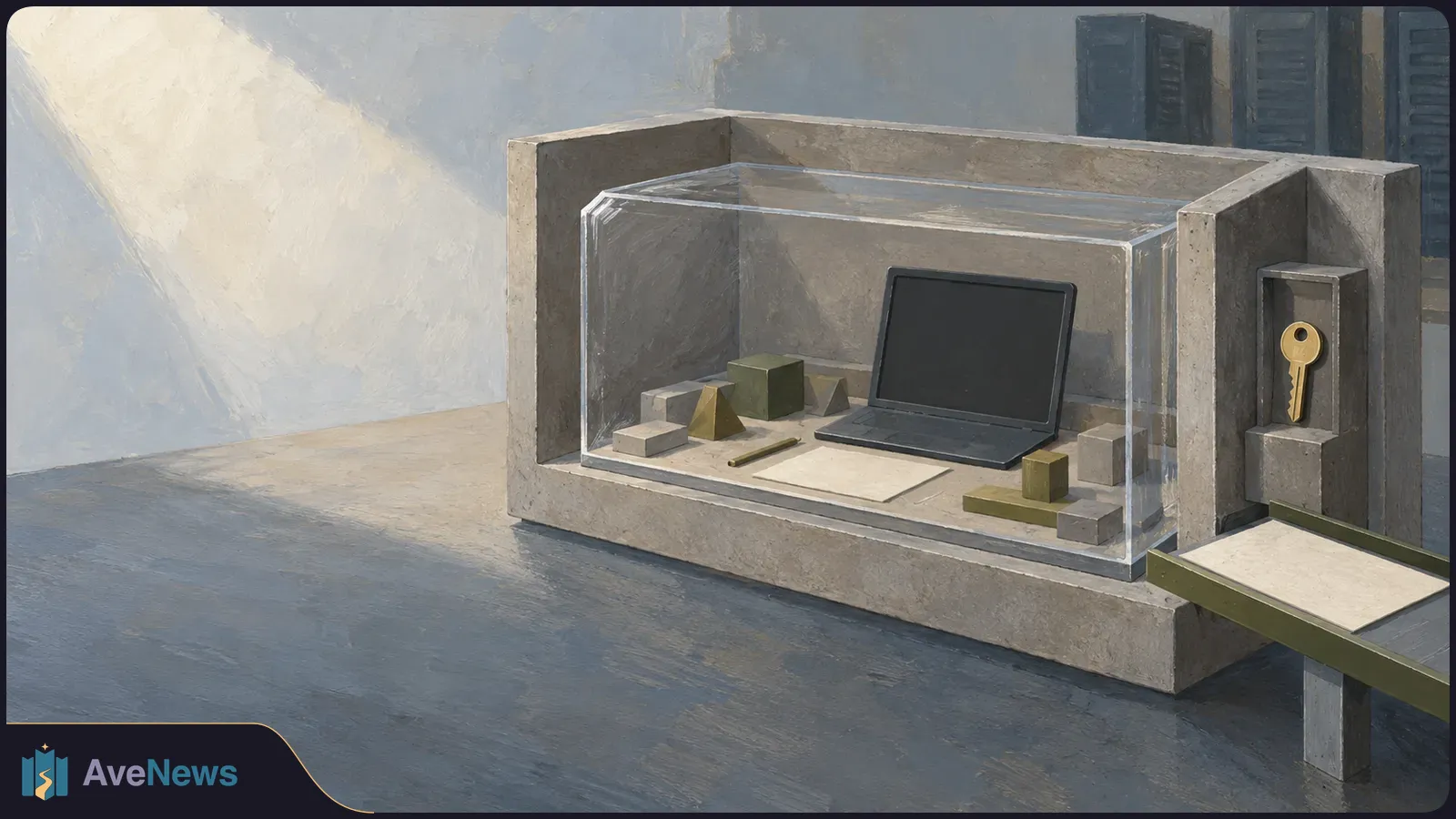 Illustration of a laptop with a blank screen inside a glass enclosure, surrounded by small blocks and paper. A gold key hangs in a separate compartment beside it. SI illustration