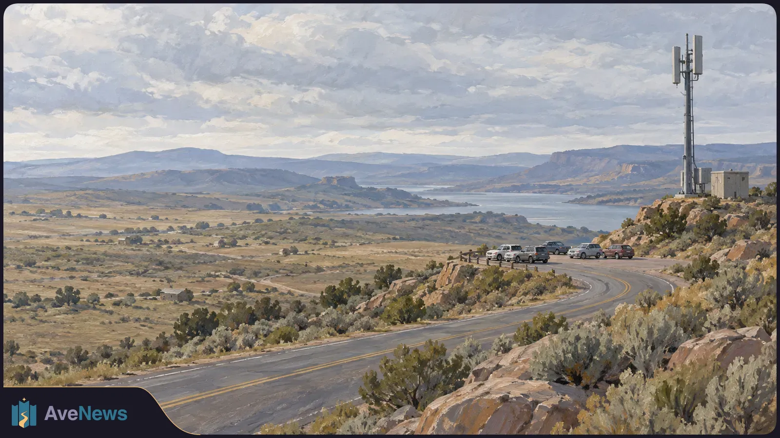 A painted landscape shows a cell tower above a winding road, with several parked cars, a reservoir and sparsely settled hills beyond. SI illustration