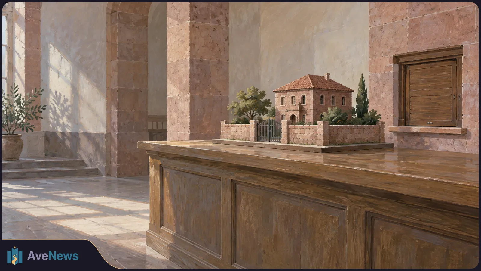 A miniature stone house behind a low wall and gate sits on a wooden counter in a sunlit room with stone arches. SI illustration