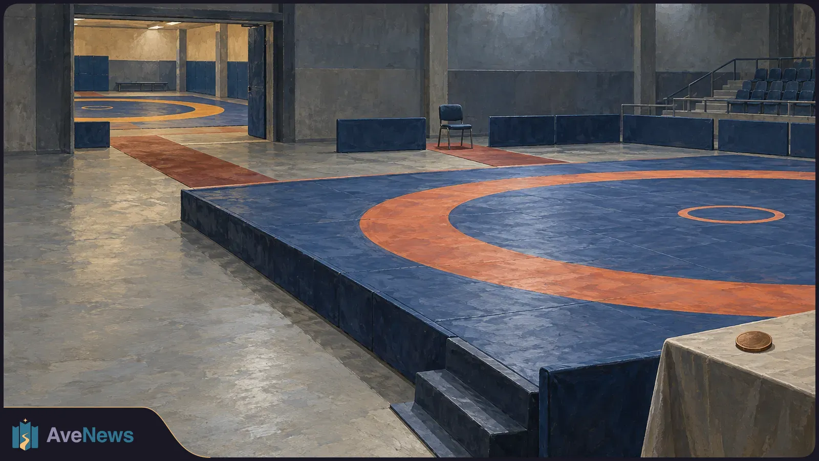 Illustrated empty wrestling hall with blue mats marked by orange circles, bleachers, a lone chair, and a bronze-colored disc on a draped table. SI illustration