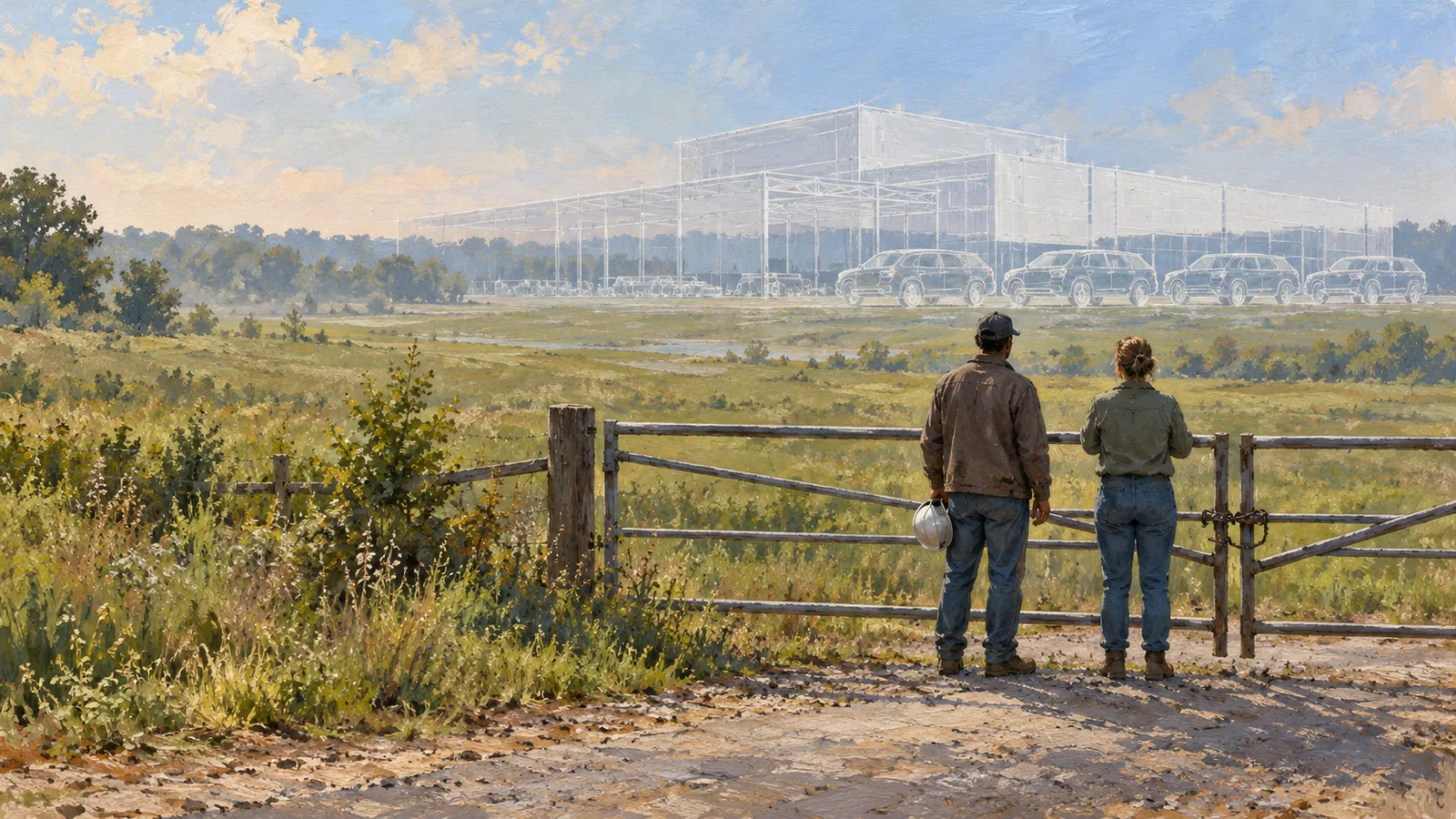 Two people stand at a chained gate overlooking a grassy field, with pale outlines of a large building and SUVs in the distance. SI illustration