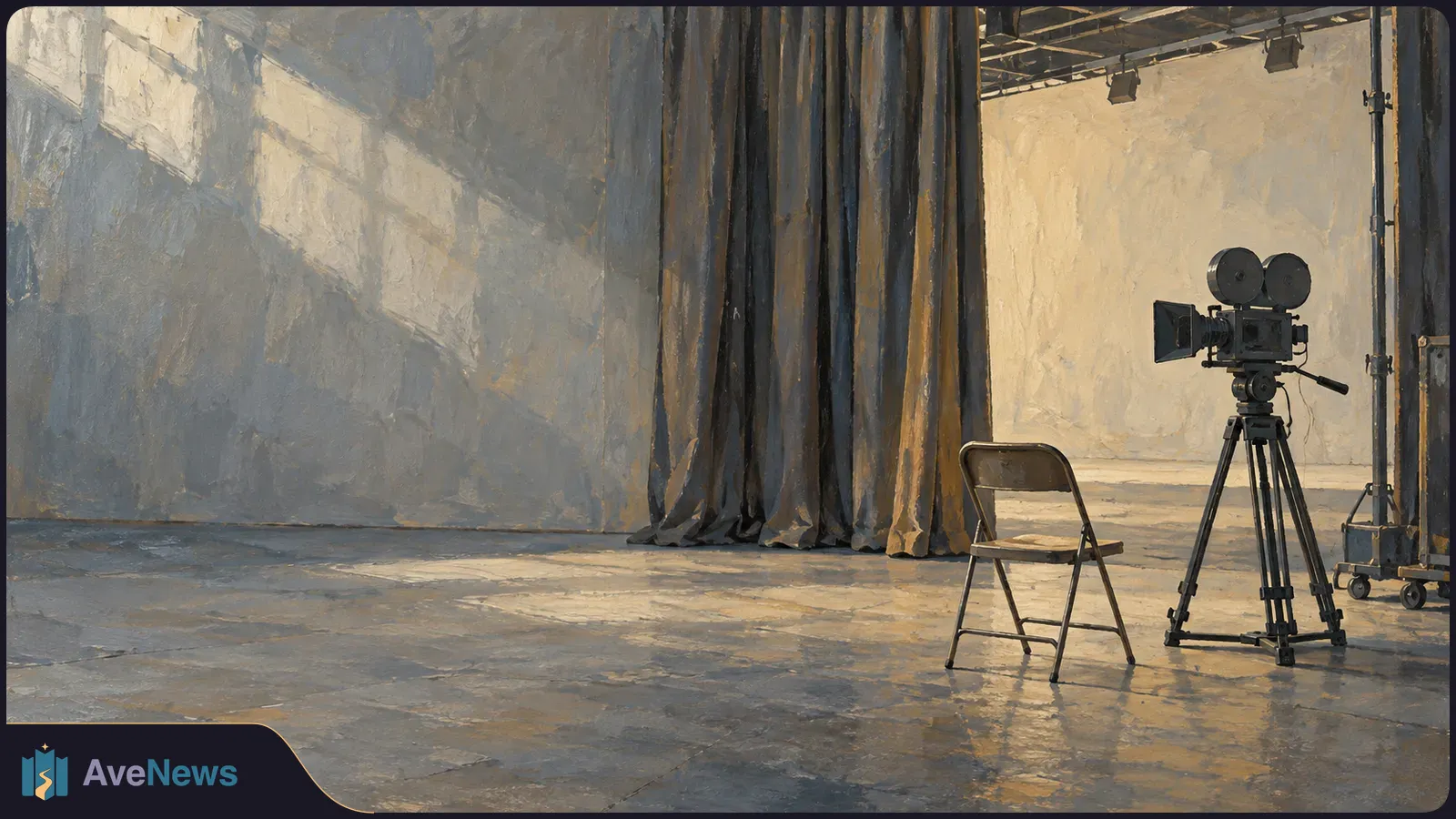 Painted empty film set with a vintage camera on a tripod, a folding chair, dark curtains and overhead lights. SI illustration