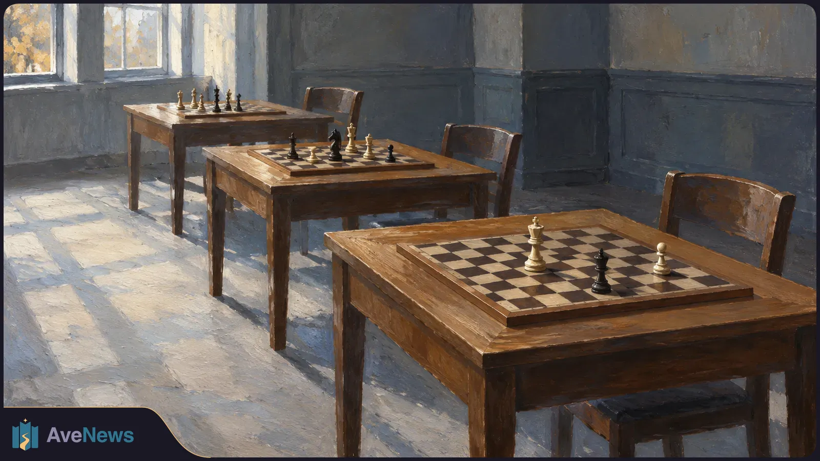 Painted scene of three wooden tables with chessboards and pieces in a sunlit room, with empty chairs beside them. SI illustration