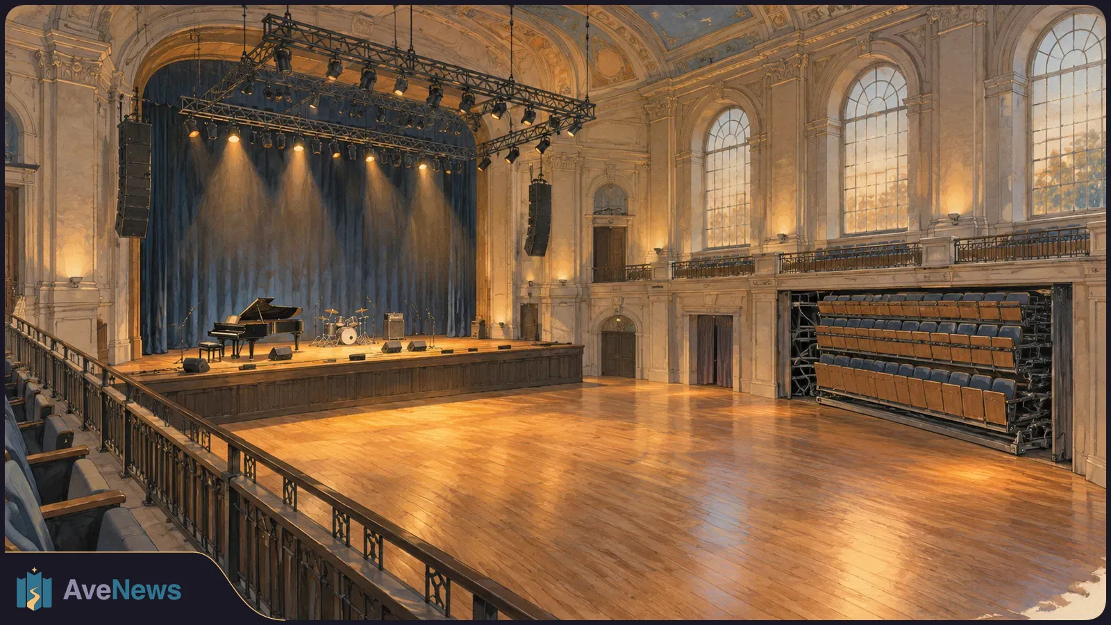 Illustration of an empty ornate concert hall with a lit stage, grand piano and drum kit, a broad wooden floor, and retractable seating along the right wall. SI illustration