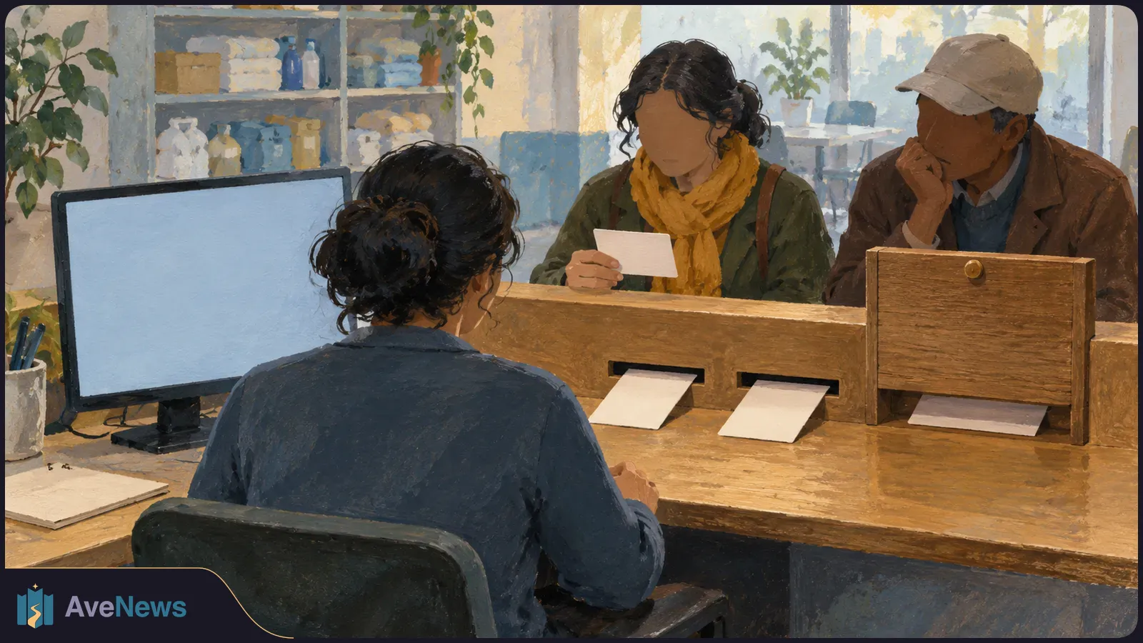 Illustration of two people at a wooden service counter facing a seated worker. One holds a small paper card; a blank monitor and paper slots sit on the desk. SI illustration