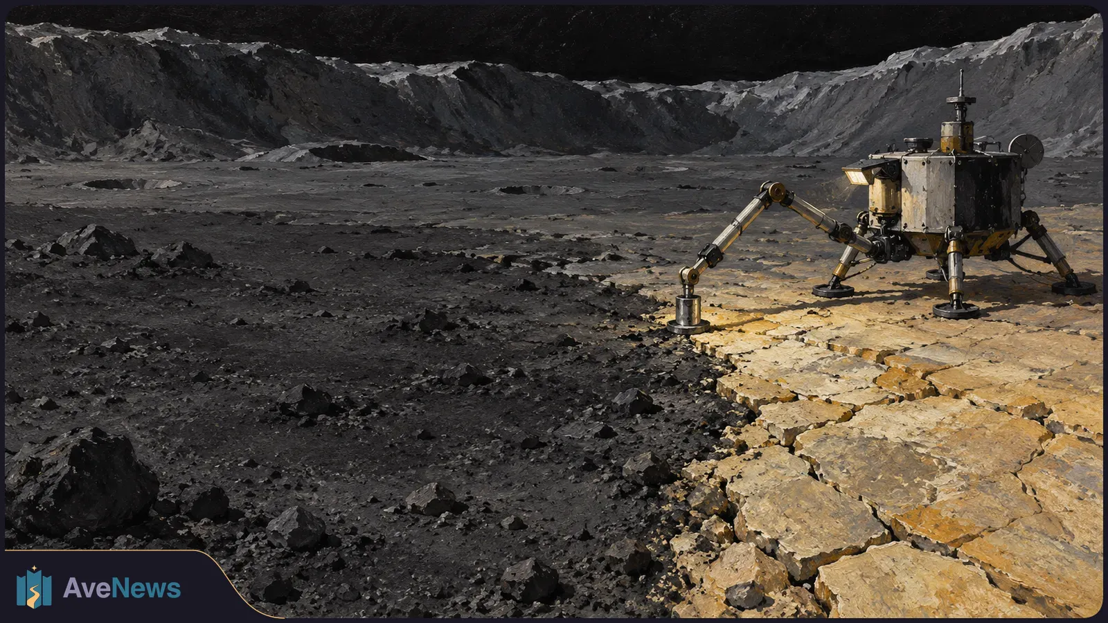 Illustration of a robotic lander with an extended arm on a rocky, cratered surface beneath a black sky. SI illustration