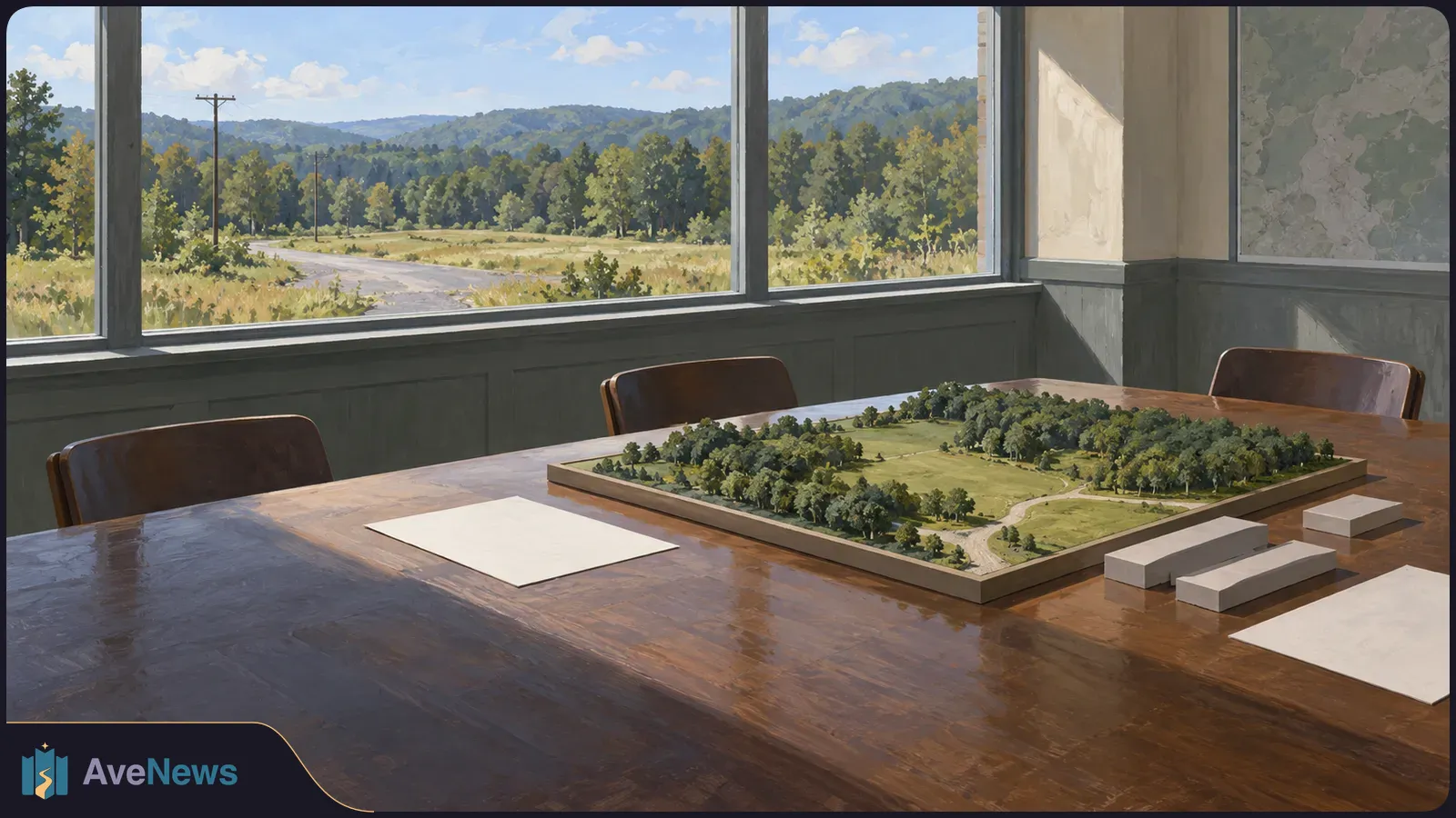 A wooded landscape model sits on a wooden table beside blank sheets and white blocks. Large windows overlook fields, a road and wooded hills. SI illustration