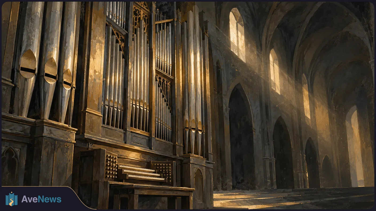 A large pipe organ and keyboard inside a vaulted church, with sunlight streaming through tall windows. SI illustration