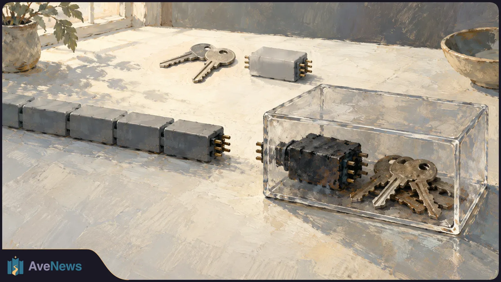 Painterly illustration of connected gray modules on a table, with keys and a separate module nearby. A dark module and more keys sit inside a clear box. SI illustration