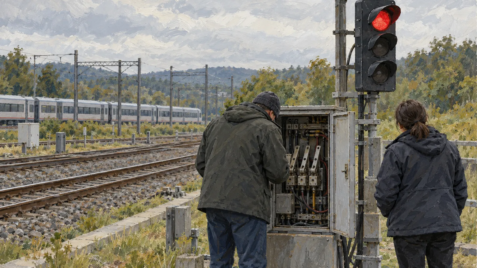Painterly scene of two people beside an open railway control cabinet and a red signal, with tracks and a passenger train in the background. SI illustration