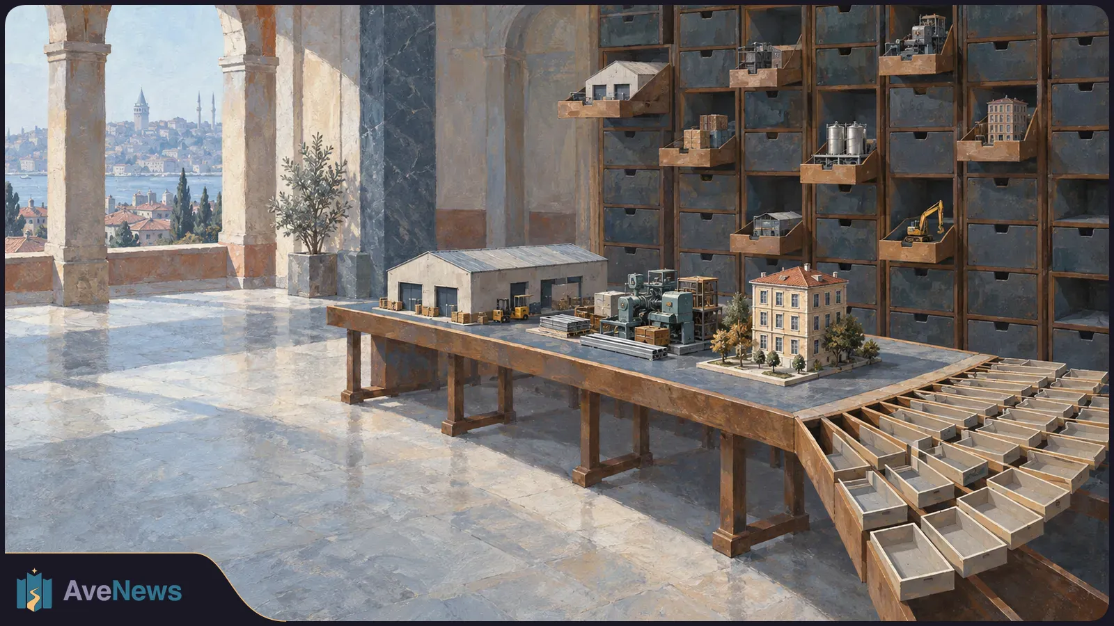 Painted scene of miniature factories and buildings on a long table beside rows of open drawers, with a waterfront city visible through stone arches. SI illustration