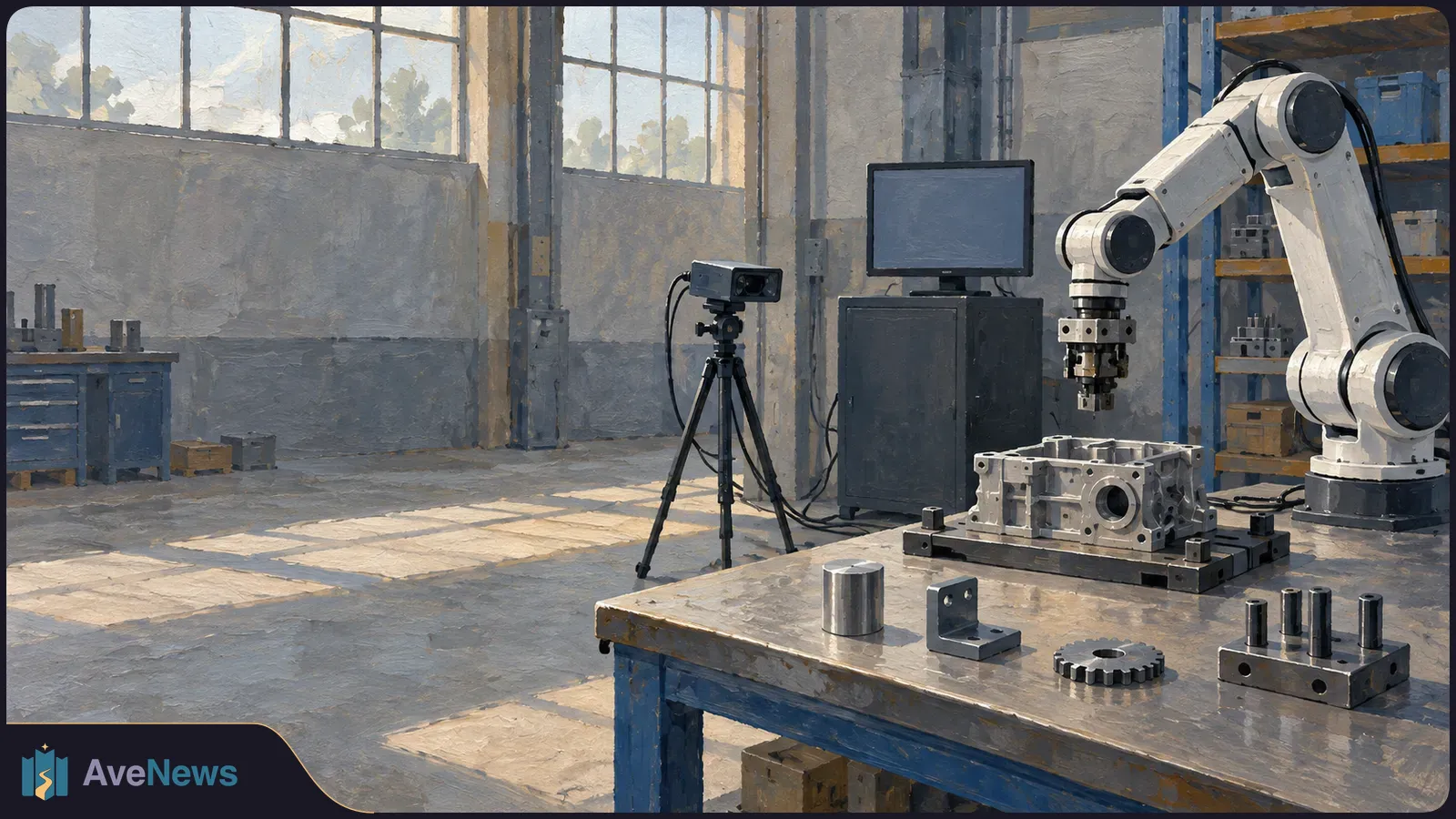 Painterly industrial workshop with a white robotic arm over a metal part, a camera on a tripod, a blank monitor and machined components on a worktable. SI illustration