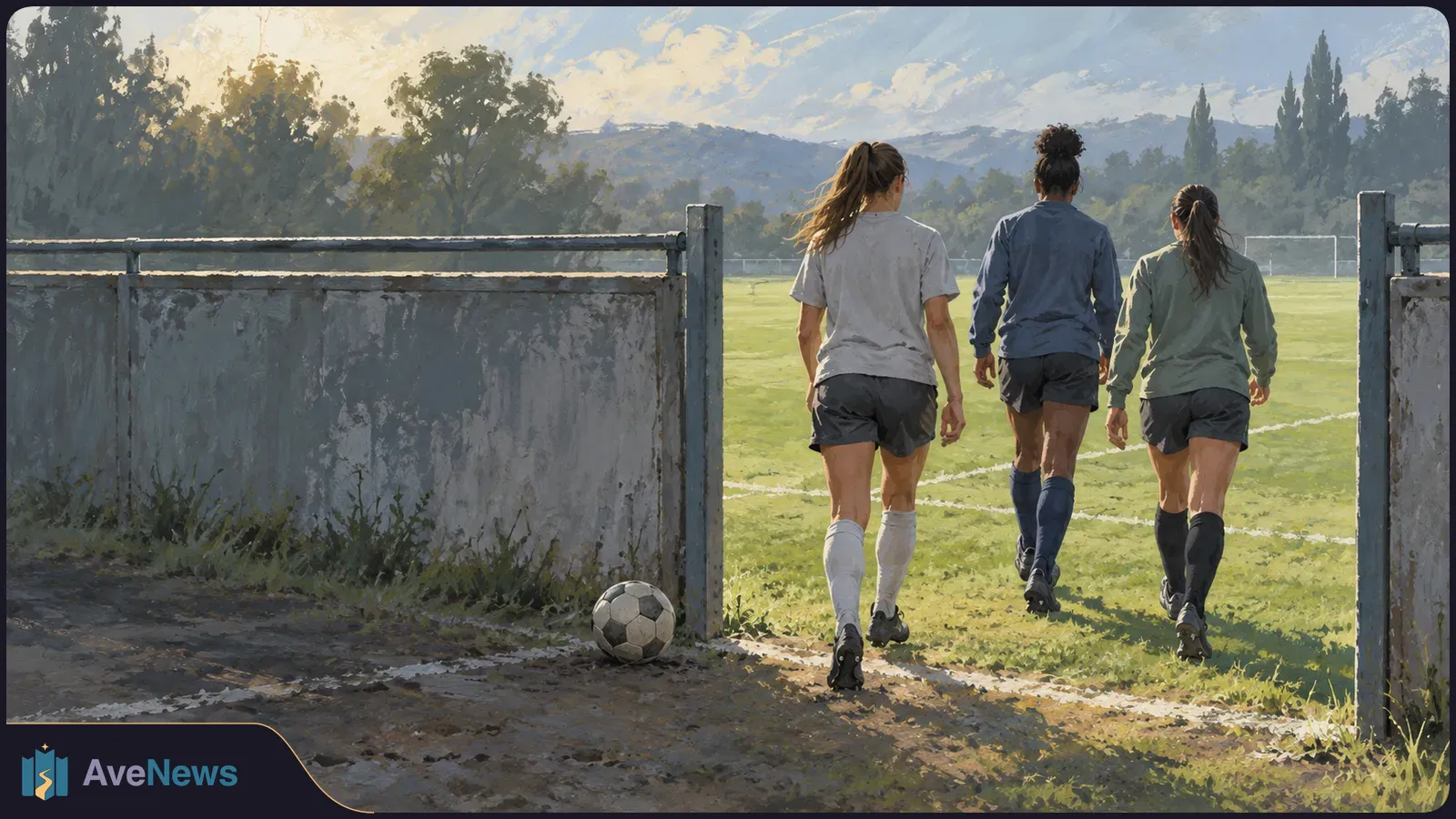 Three soccer players seen from behind walk through an opening onto a grassy field; a ball rests by the gate, with trees and hills beyond. SI illustration
