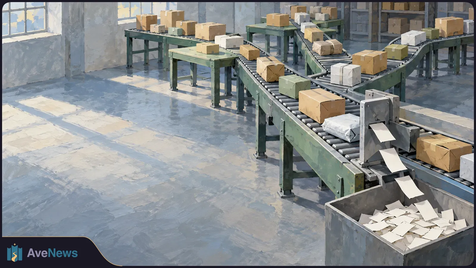 Painterly illustration of unmarked parcels on branching conveyor belts in a warehouse, with blank paper slips falling into a bin. SI illustration