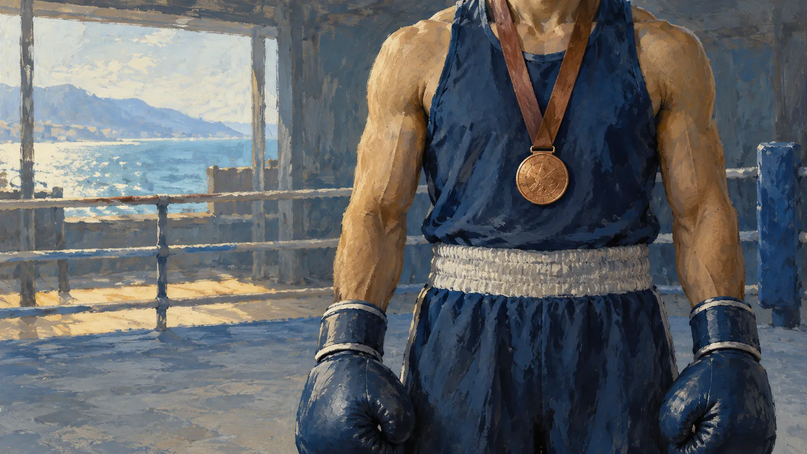 A painted boxer in blue gloves and uniform wears a bronze-colored medal in a ring, with water and mountains visible through a window. SI illustration