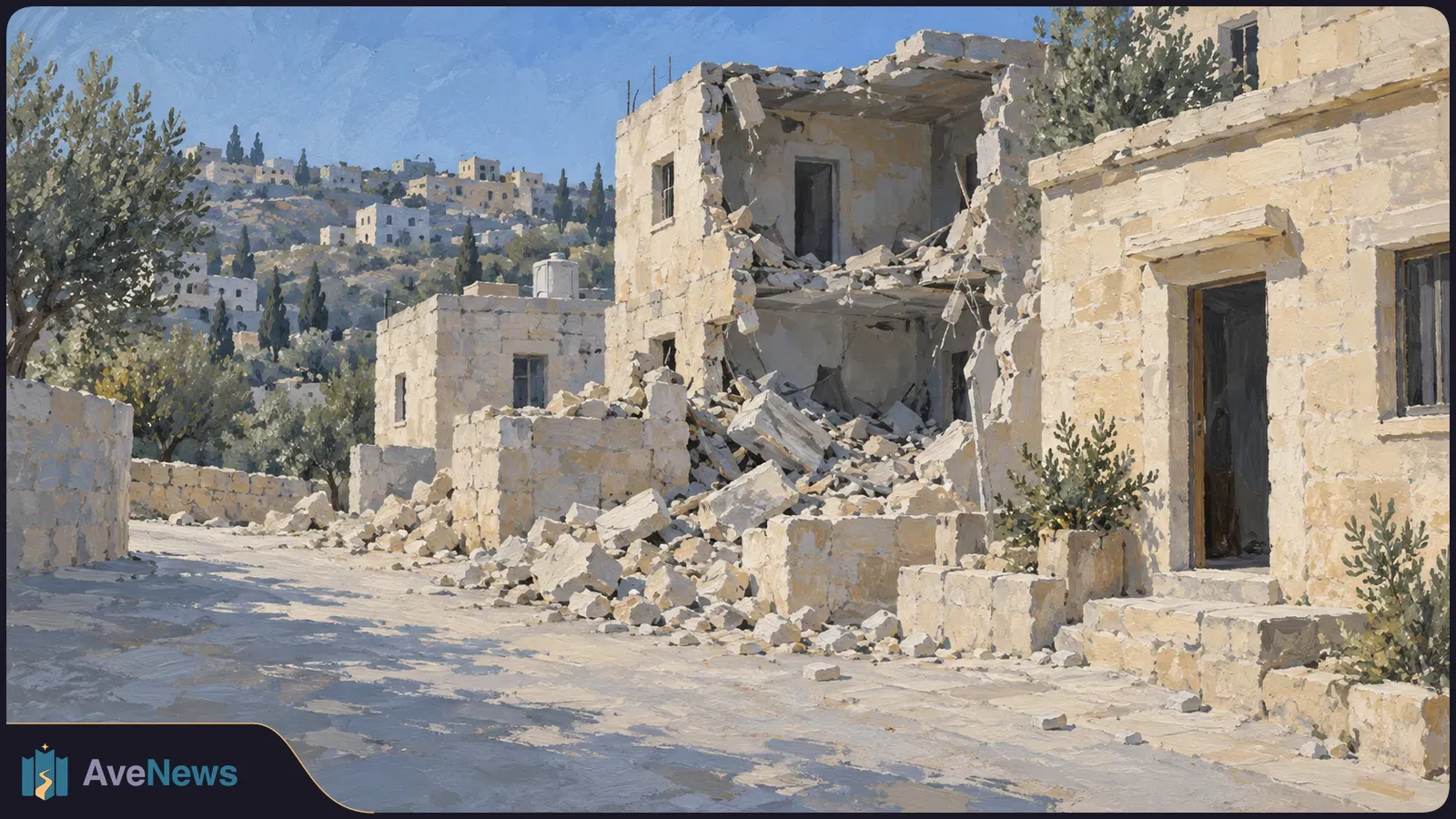 Illustration of a partially collapsed stone building and rubble beside a sunlit street, with trees and hillside houses in the background. SI illustration