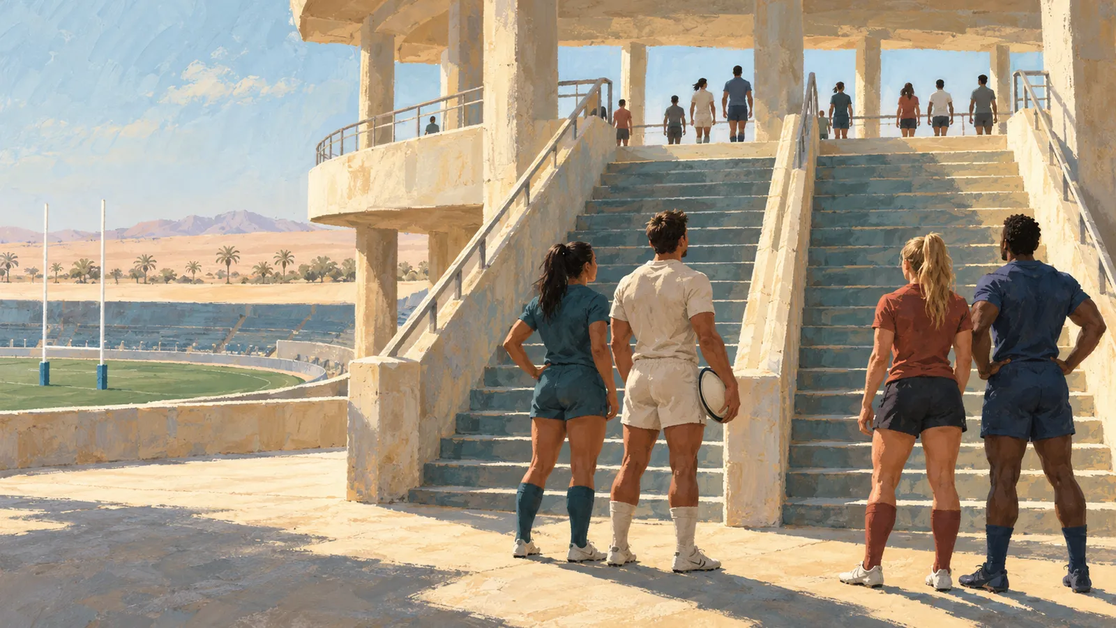 Four rugby players stand at the foot of stadium stairs, one holding a ball, while others gather above. A pitch, palm trees and desert mountains are visible beyond. SI illustration