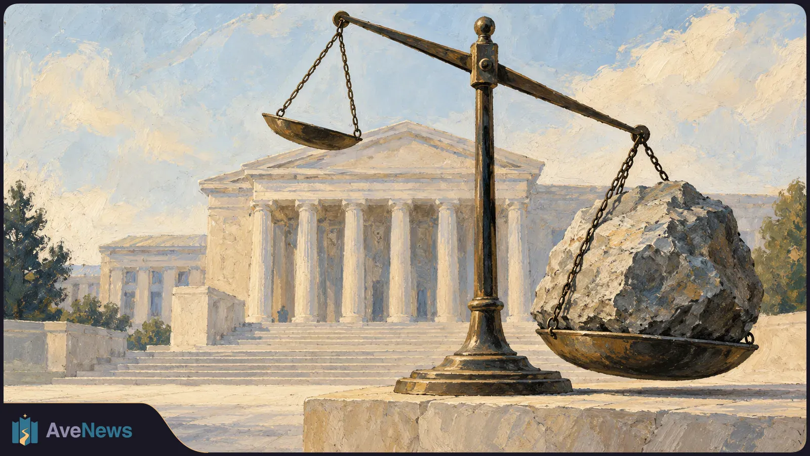 Painted illustration of a tilted balance scale, with a large rock in one pan, in front of a columned courthouse. SI illustration