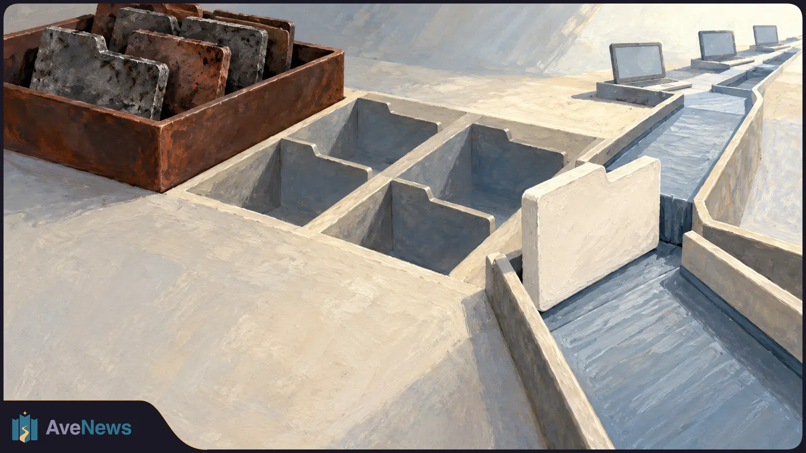 Painterly illustration of dark rectangular slabs in a rust-colored tray beside empty gray compartments and a conveyor-like channel with small blank-screen laptops. SI illustration