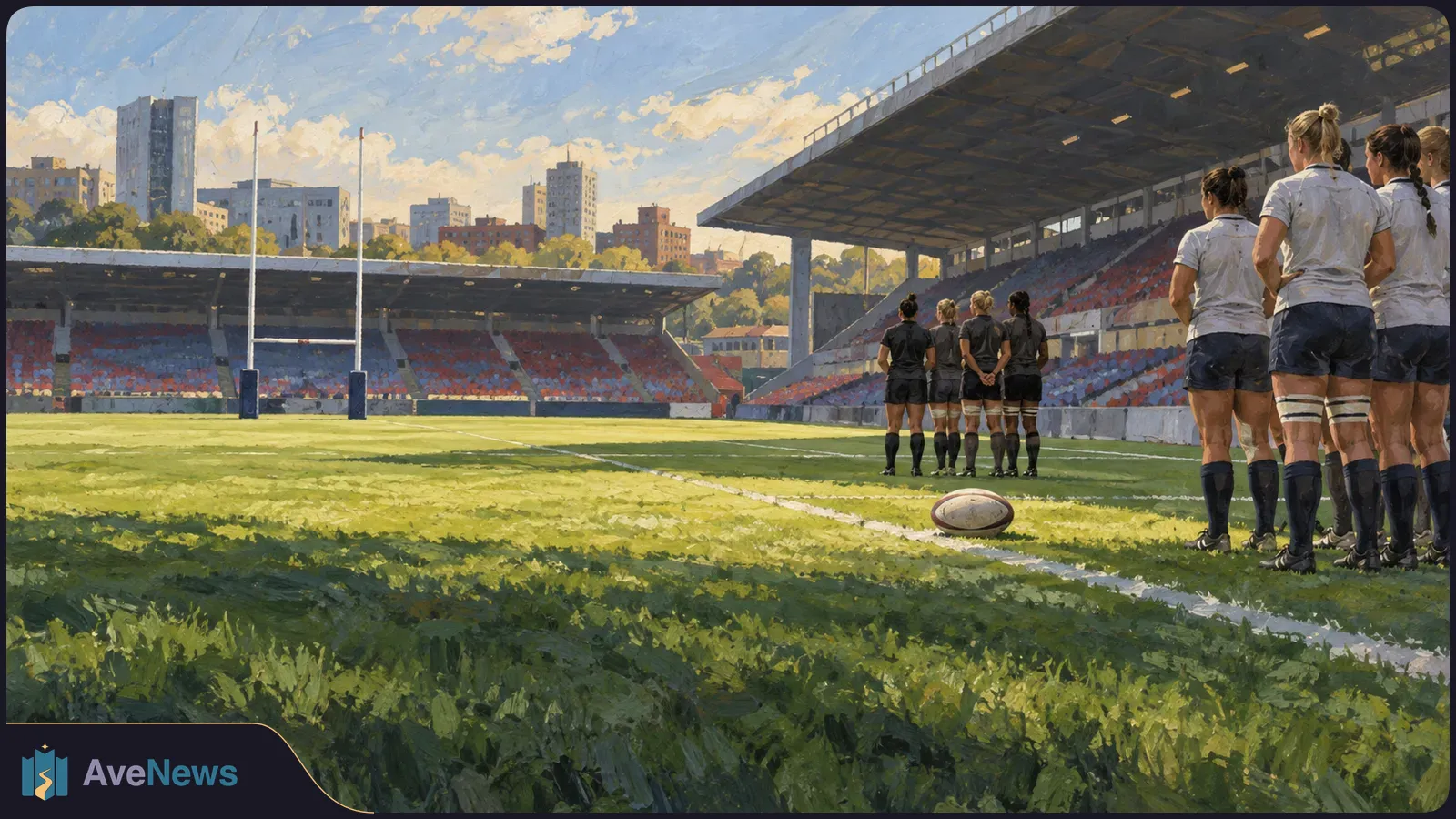 Painted rugby stadium with players in white at right and players in black farther downfield. A rugby ball lies on the grass, with goalposts and empty stands beyond. SI illustration