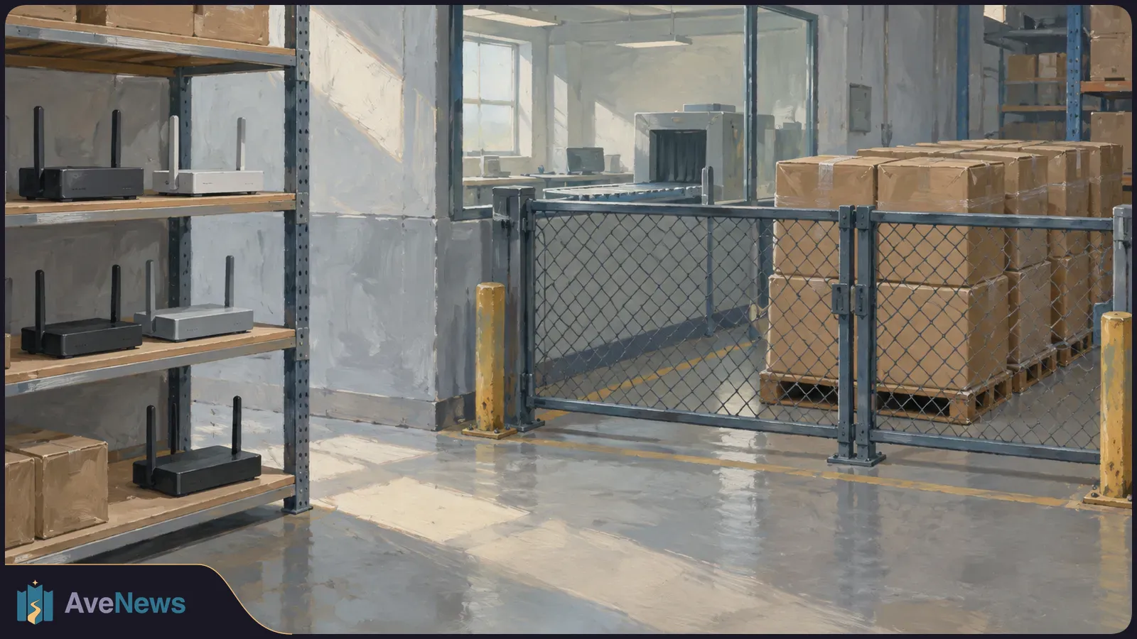 Painted warehouse scene with black and white routers on open shelves and stacks of cardboard boxes behind a chain-link gate. SI illustration
