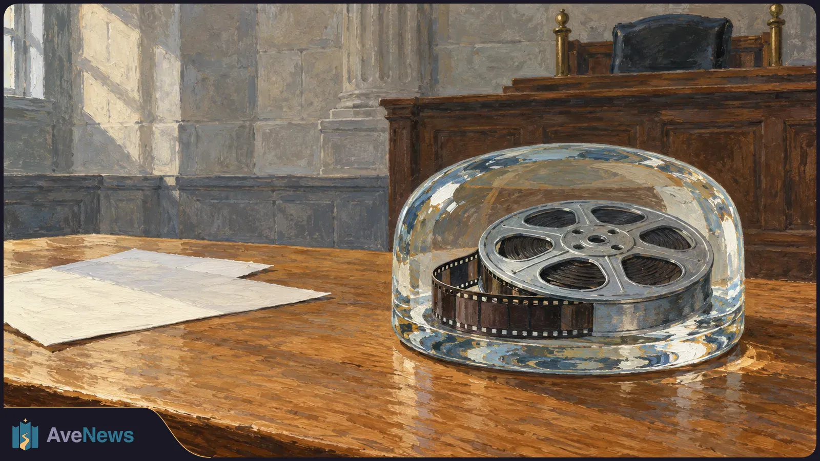 Painterly illustration of a film reel and strip under a glass dome on a wooden table, with papers beside it and a courtroom bench behind. SI illustration