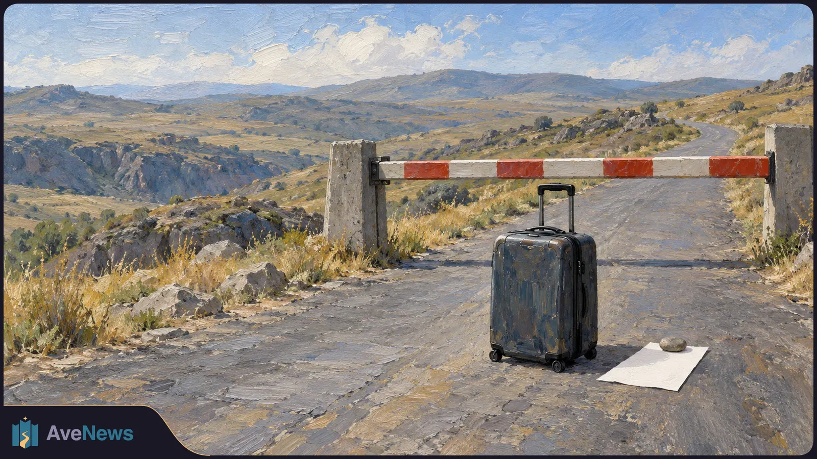 Oil painting of a wheeled suitcase beside a blank sheet of paper on a mountain road blocked by a red-and-white barrier. SI illustration