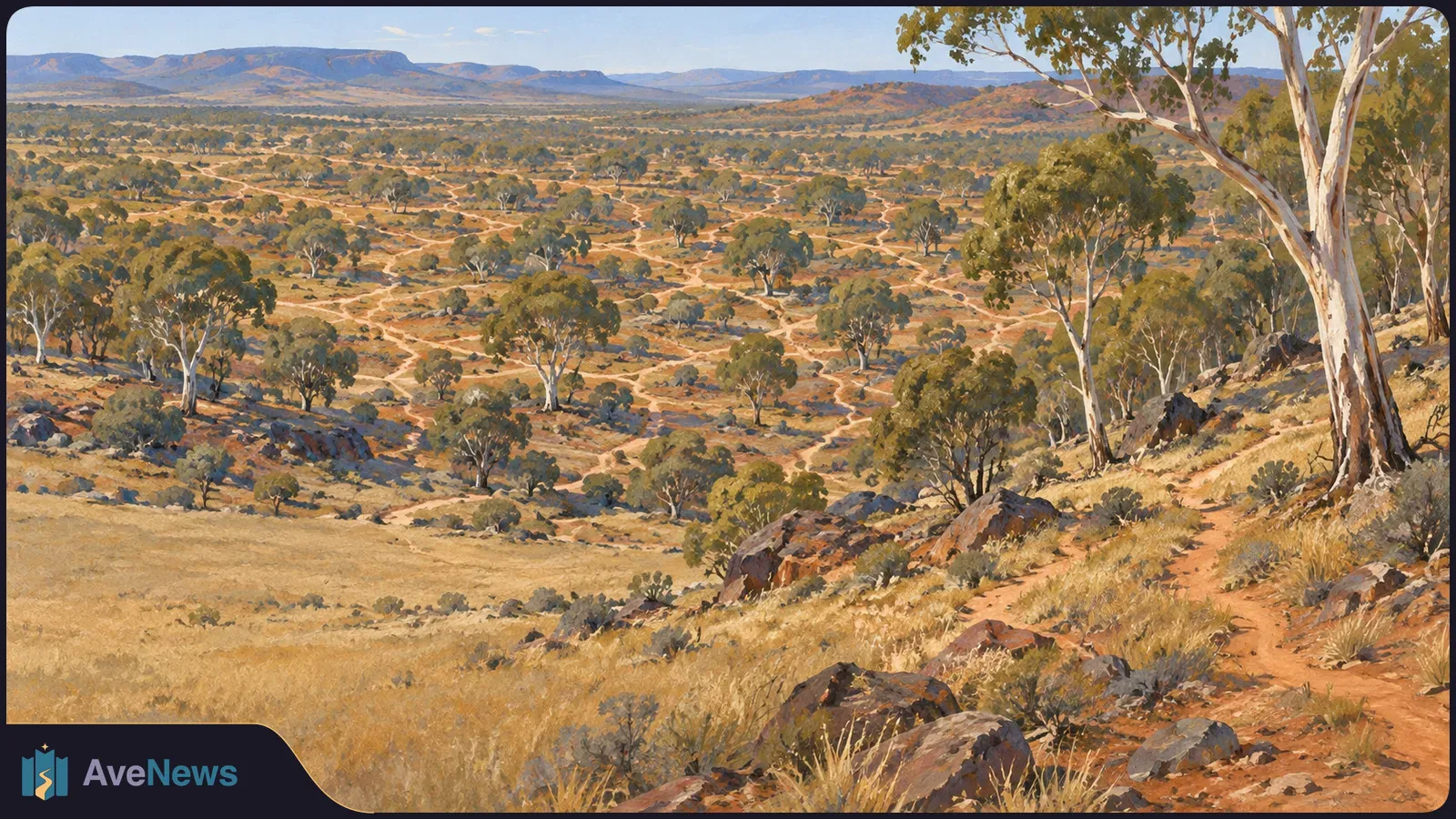 Painted view of a dry, tree-dotted landscape with rocky slopes and a winding dirt path beneath distant hills. SI illustration