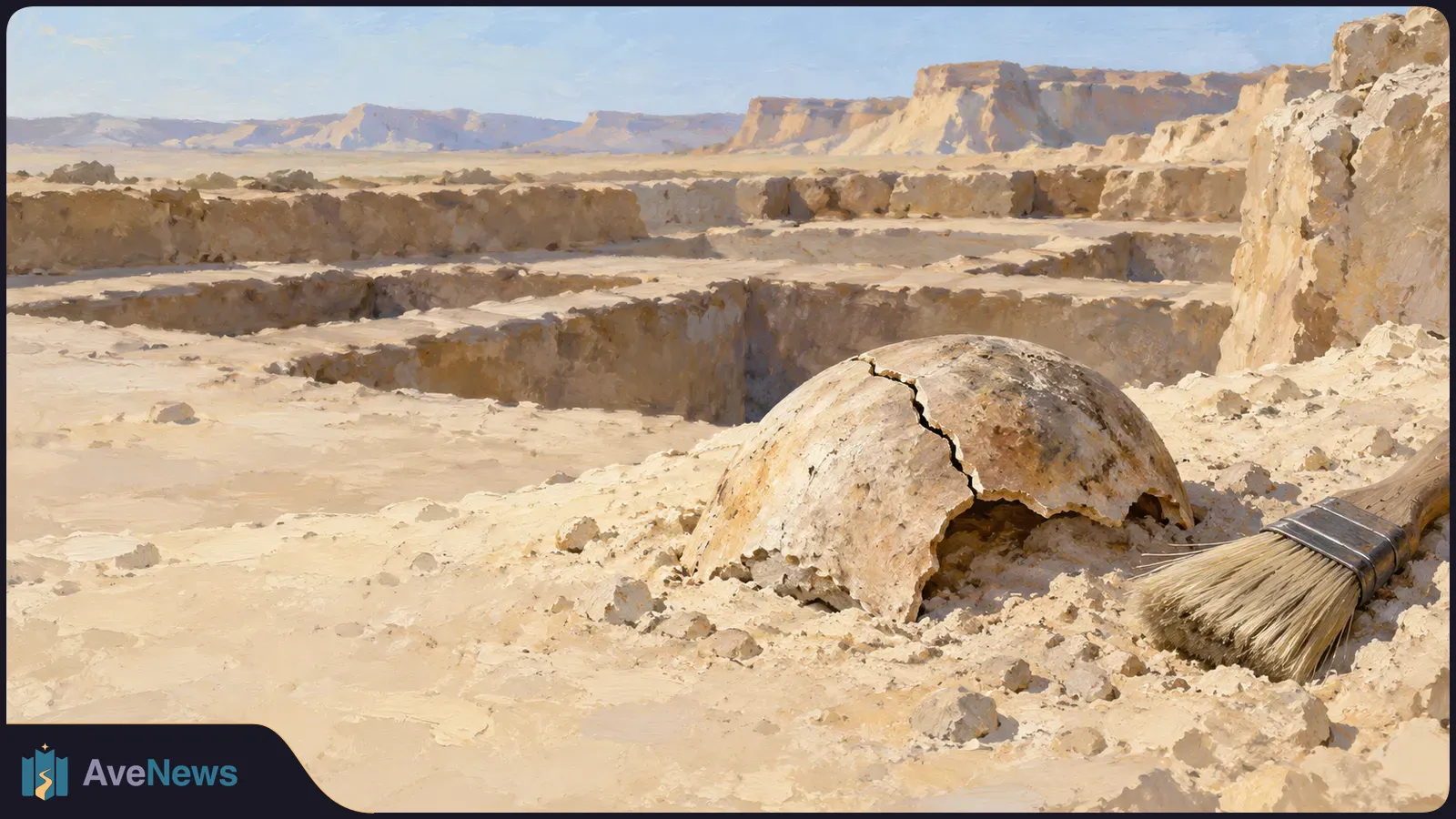 A cracked skull fragment lies beside a brush on pale sand, with excavation trenches and desert cliffs beyond. SI illustration