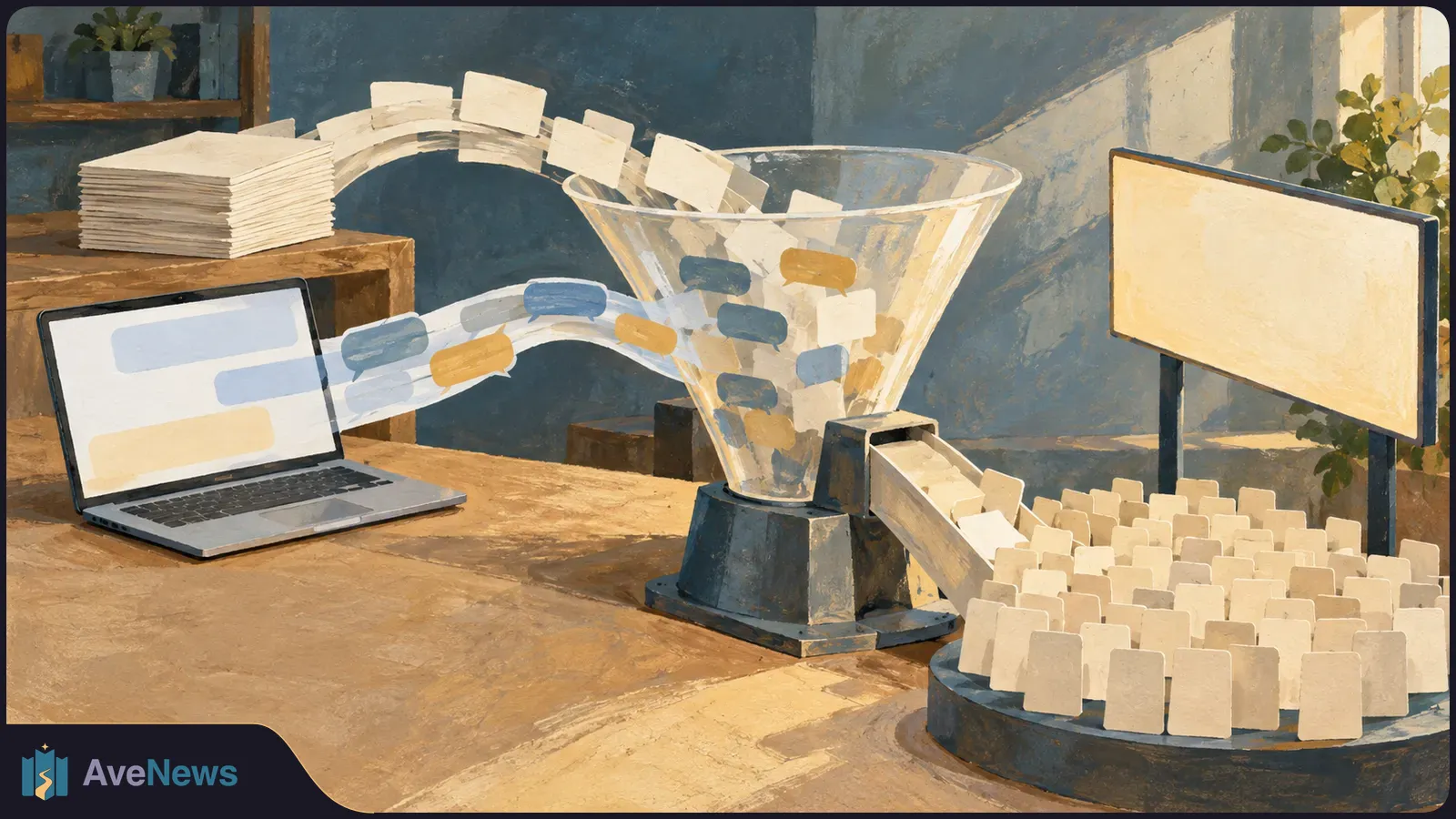 Painted illustration of blank cards and colored chat bubbles flowing from a laptop through a funnel toward rows of cards beside an empty display. SI illustration