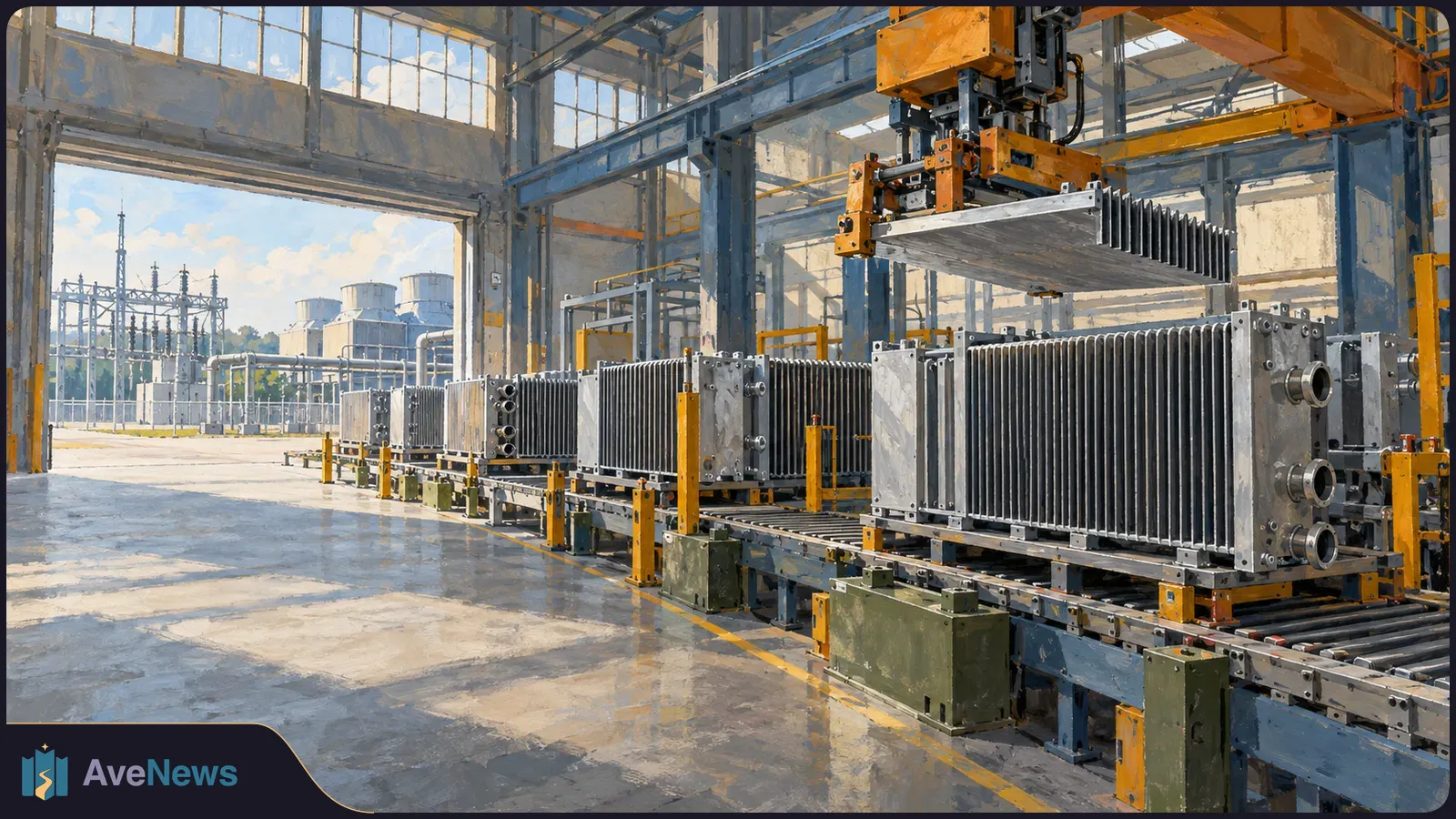 Painted industrial hall with finned metal units on a conveyor and an overhead crane lifting another; electrical equipment is visible outside. SI illustration