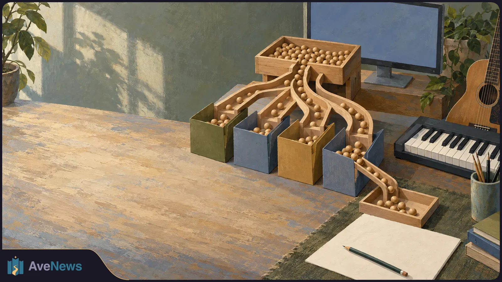 A painted desk scene shows wooden balls in a crate, branching wooden ramps leading to colored bins and a tray, with a guitar, keyboard and blank monitor nearby. SI illustration